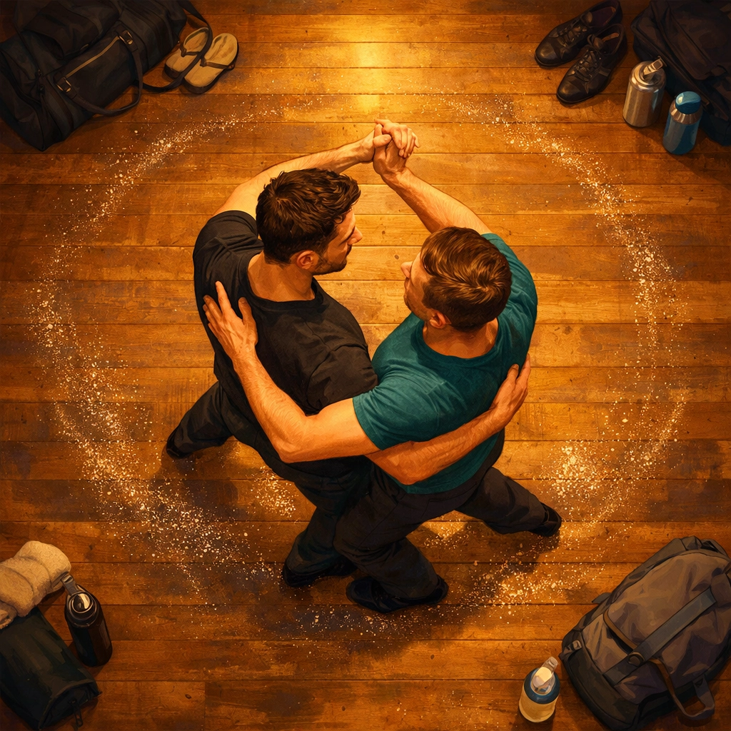 Two men learning ballroom dance together in studio, gay romance through movement and connection