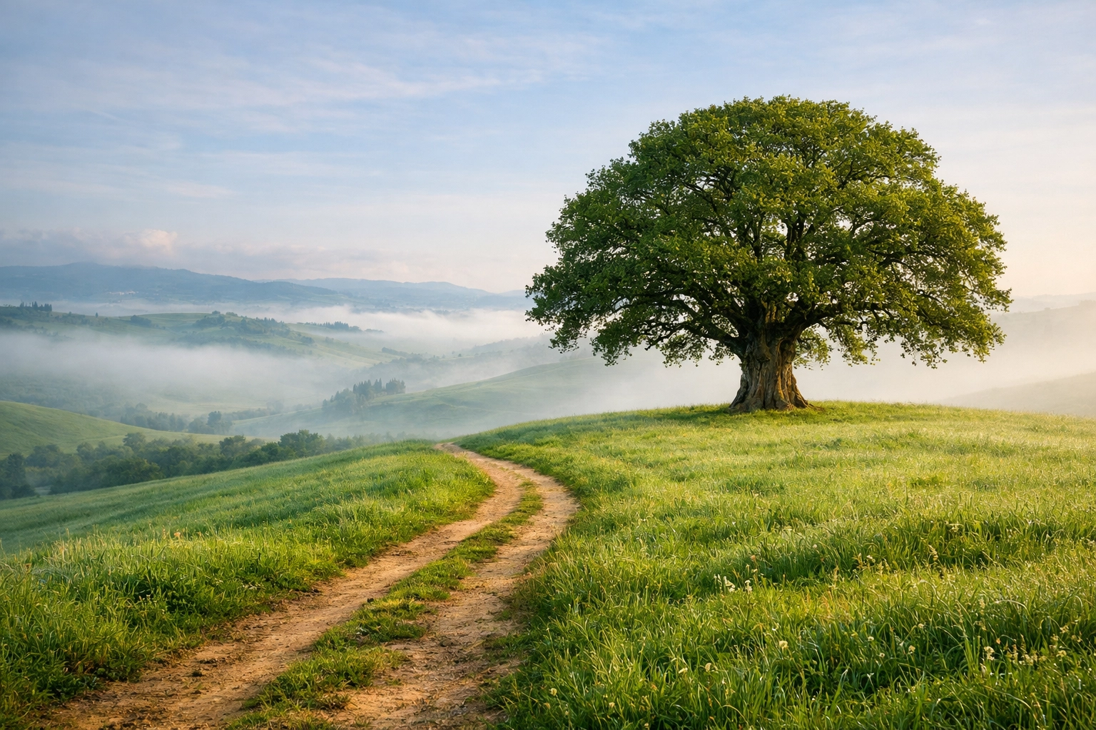 A lone tree on a misty hill illustrating the Rule of Thirds for photography for beginners.