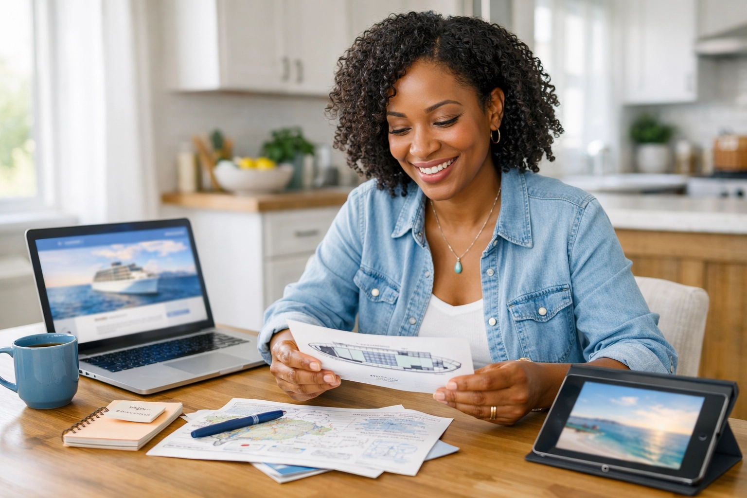 Traveler researching luxury cruise deals online before booking with a cruise travel agent.