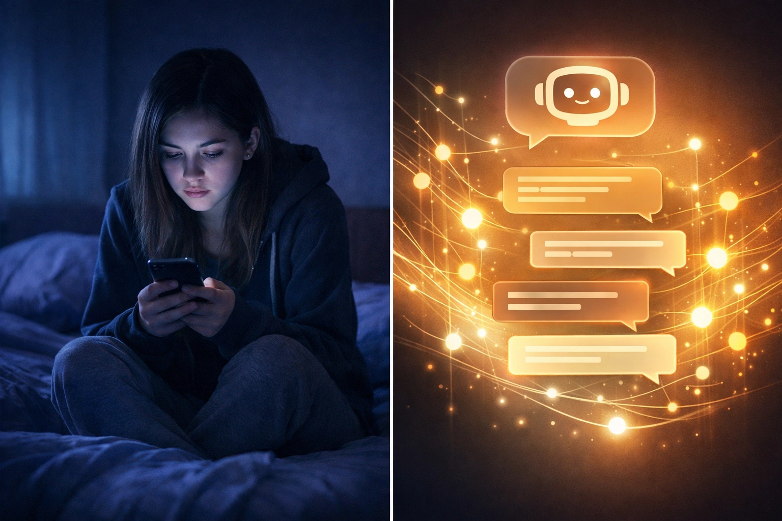 Teenager using smartphone to interact with AI mental health chatbot in bedroom at night