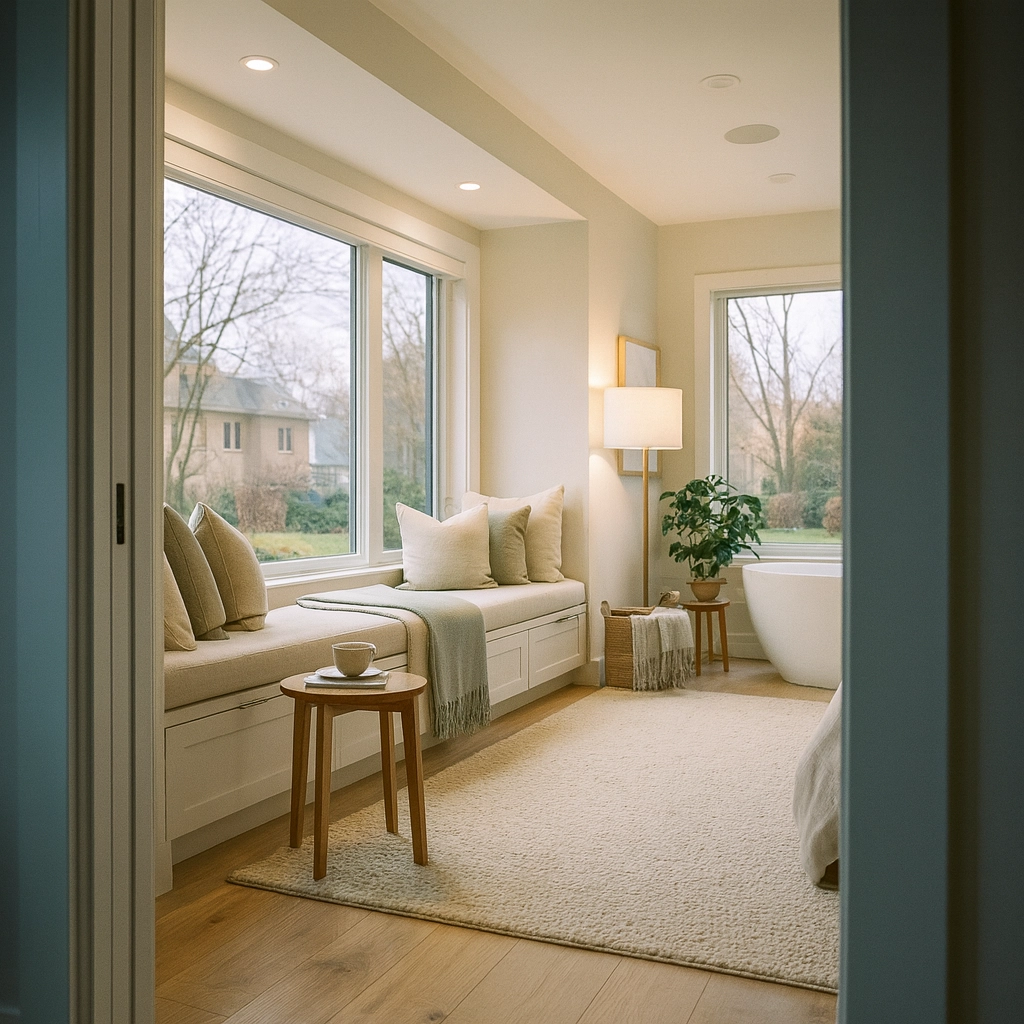 Modern North Shore master suite with a serene reading nook, layered lighting, and calming neutral decor.