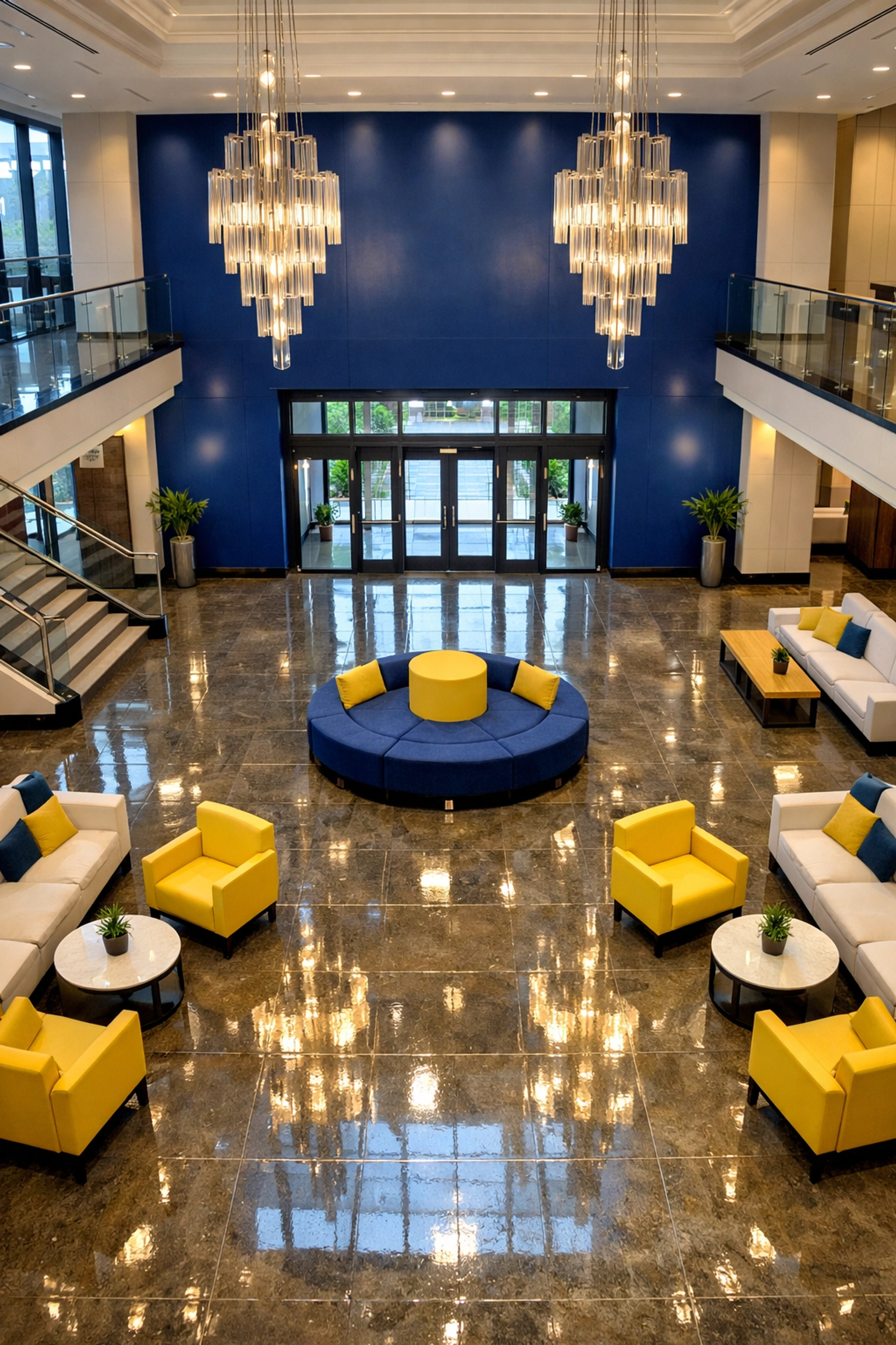 A spotless school entrance hall with polished floors reflecting the safety and high standards of the campus.