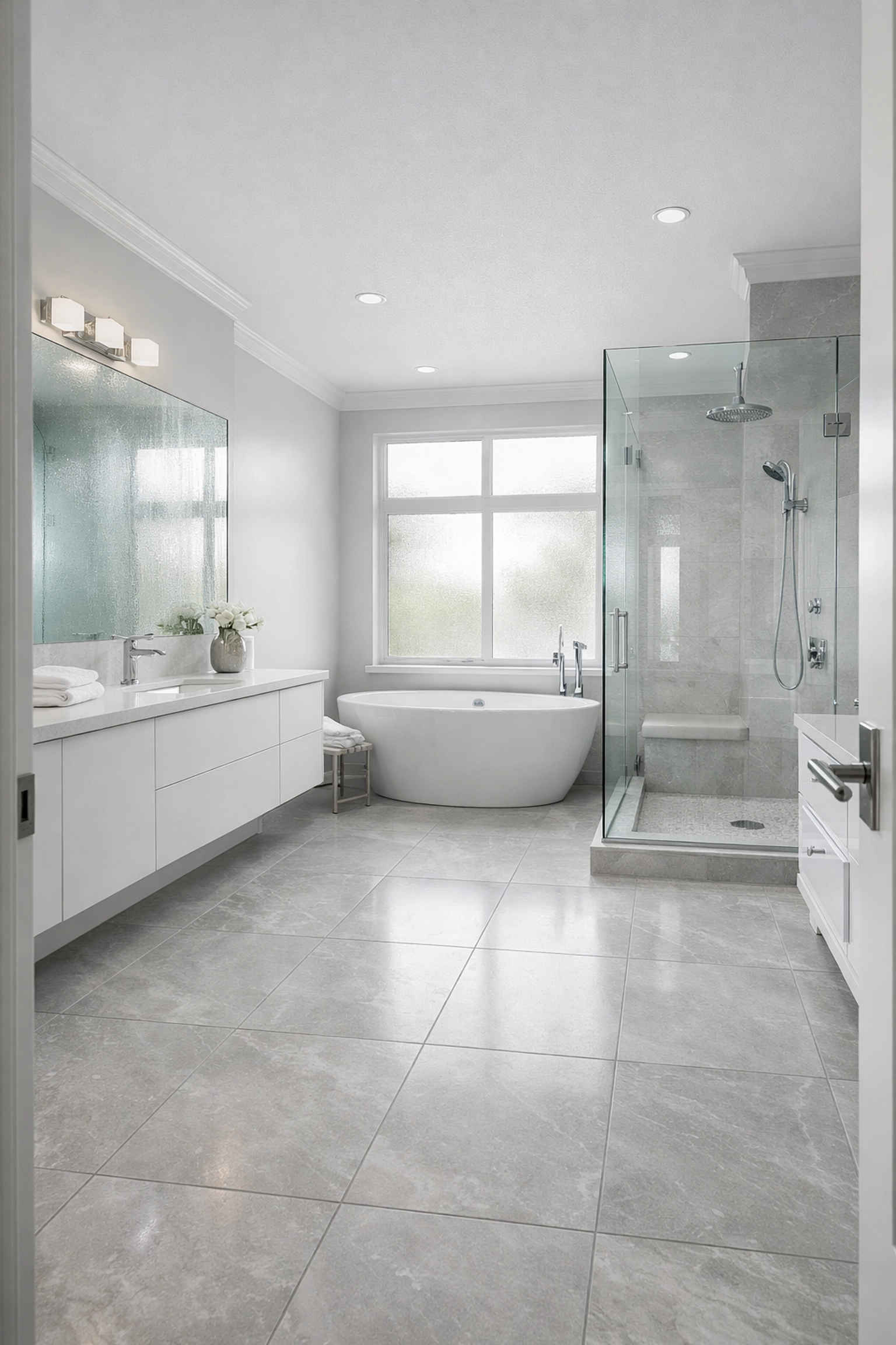 Porcelain tile flooring installation in Orlando bathroom with humidity-resistant features