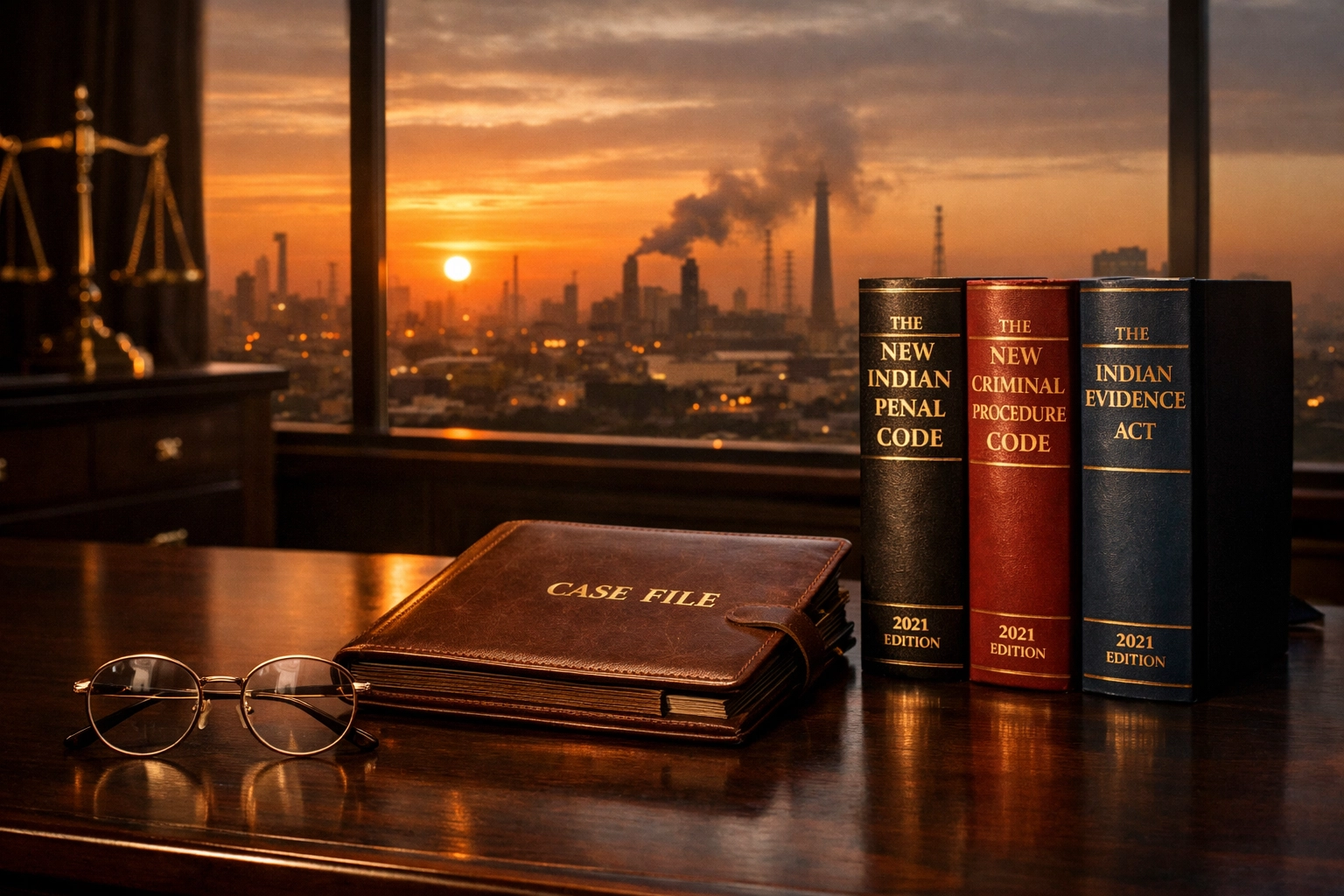 Legal office in Ludhiana showing modern Indian law books on a desk overlooking the city skyline.