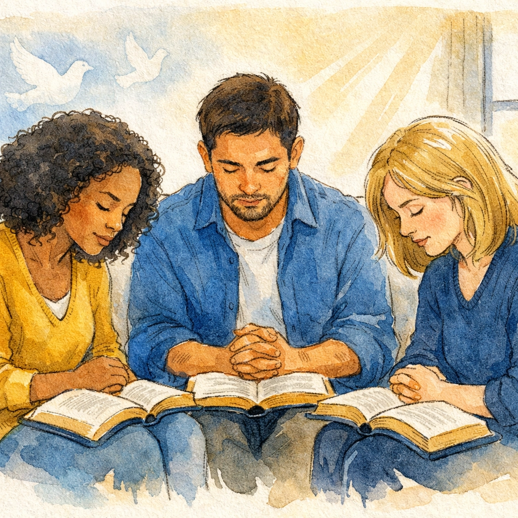 Diverse group of Christians praying together with open Bibles in authentic spiritual community