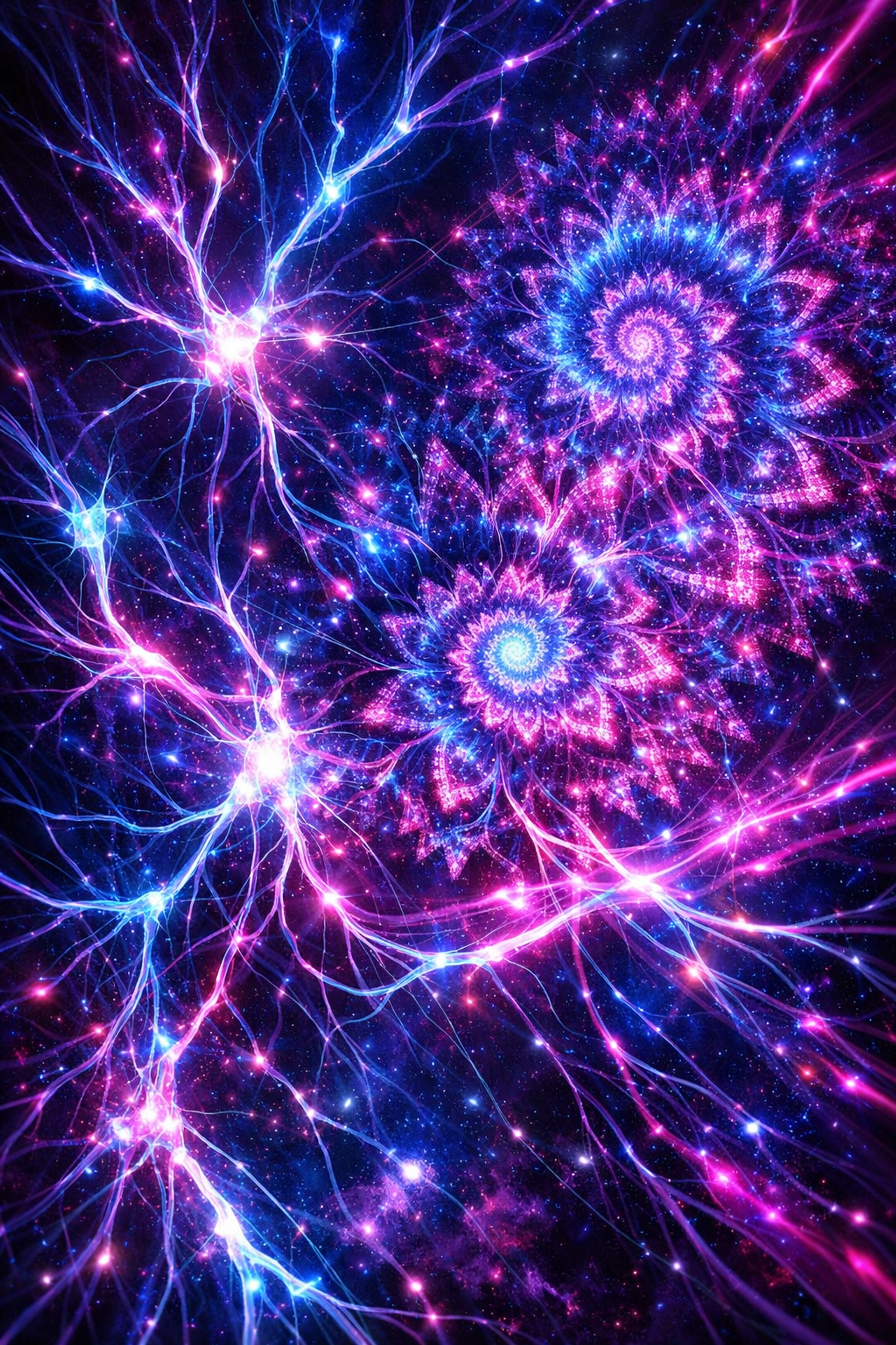Vibrant neural pathways and fractals illustrating a nervous system in a state of high-energy regulation and health.