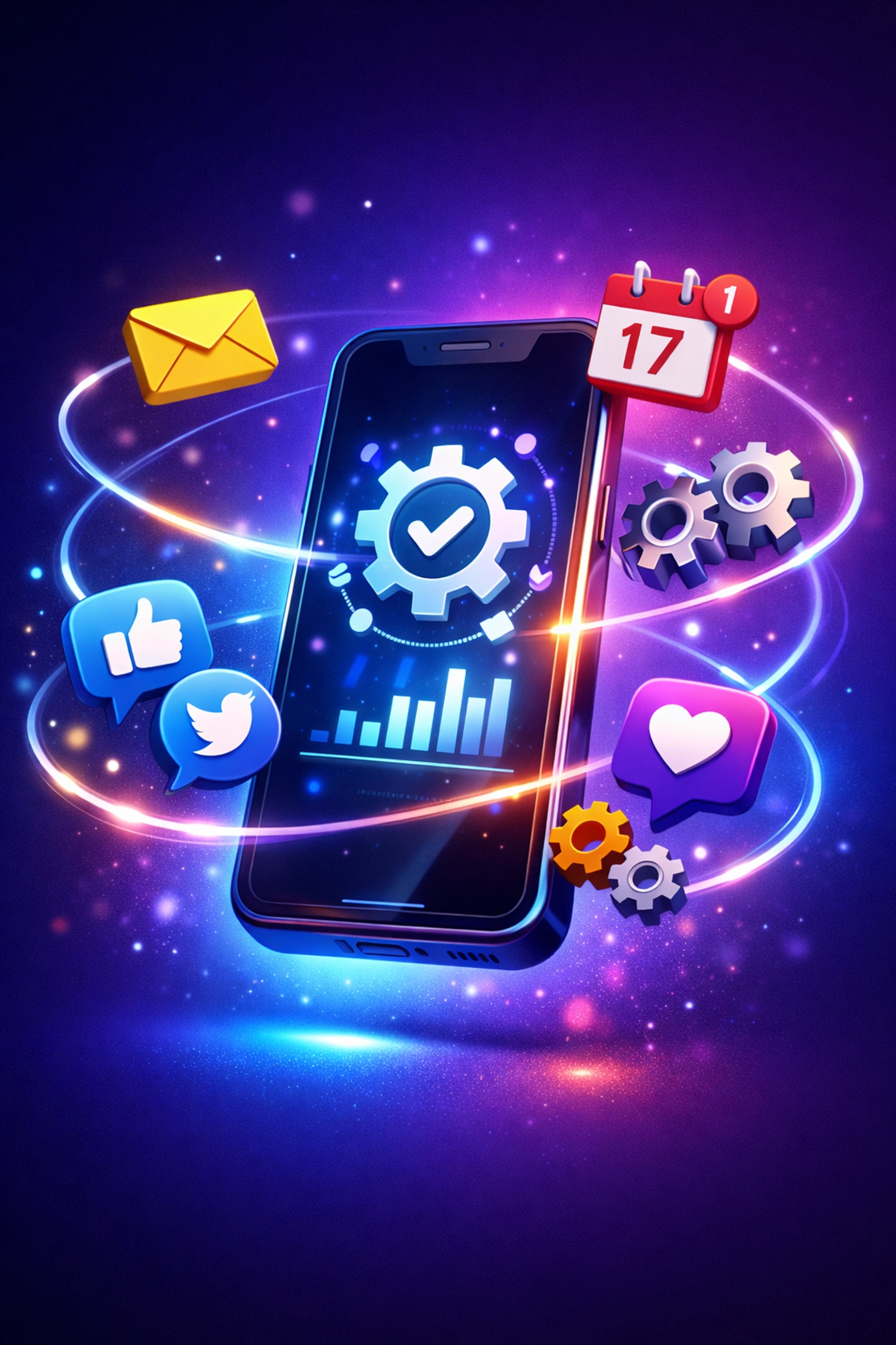 Marketing automation tools on smartphone with email and social media scheduling icons