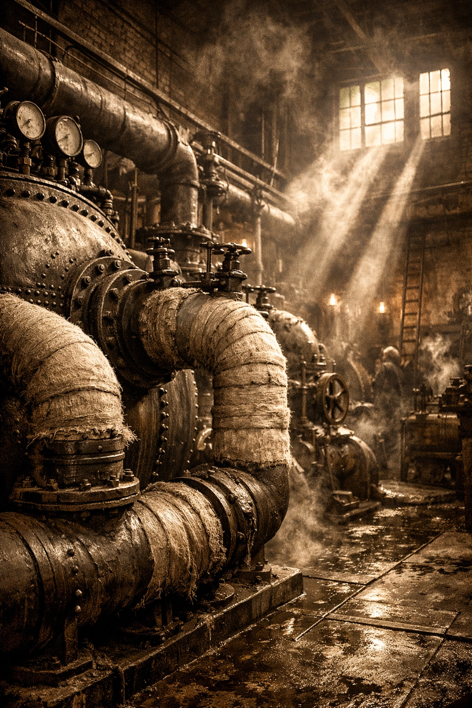 Historical industrial boiler room with steam pipes wrapped in asbestos thermal system insulation.