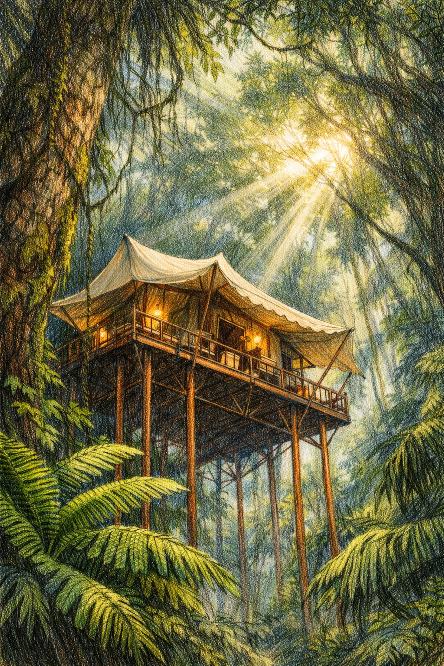 Sustainable luxury safari tent on stilts in a lush Bali rainforest.