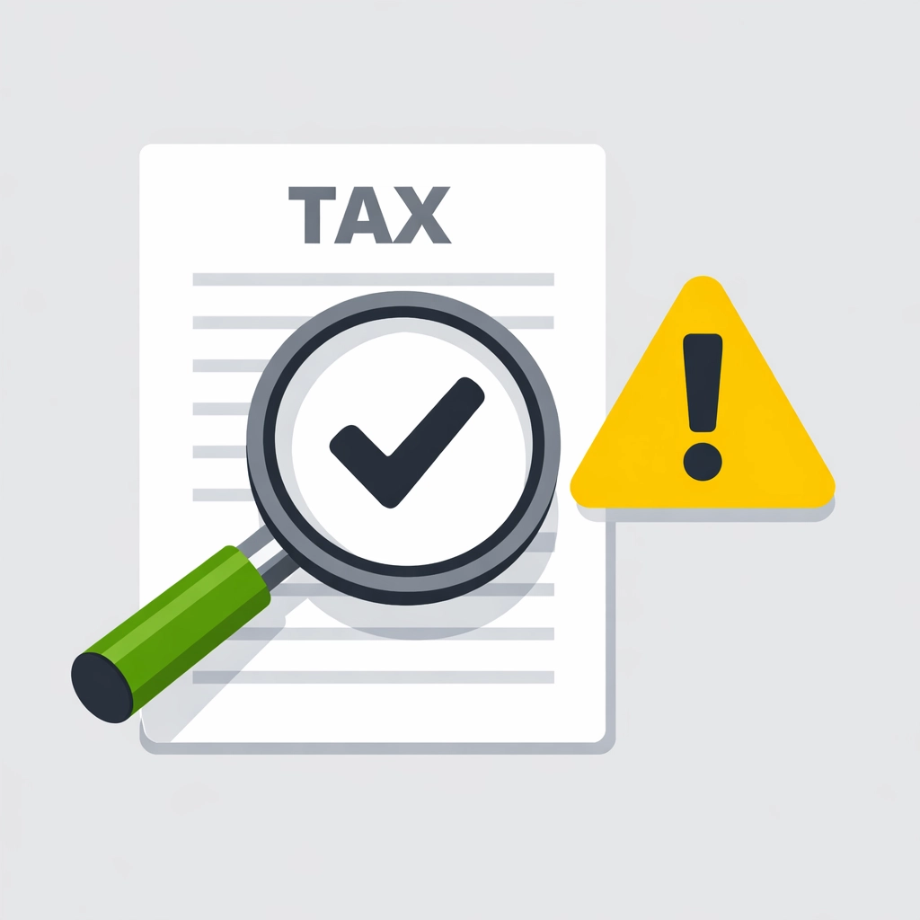 A magnifying glass verifying a tax document to ensure safety and legitimate tax preparer credentials.