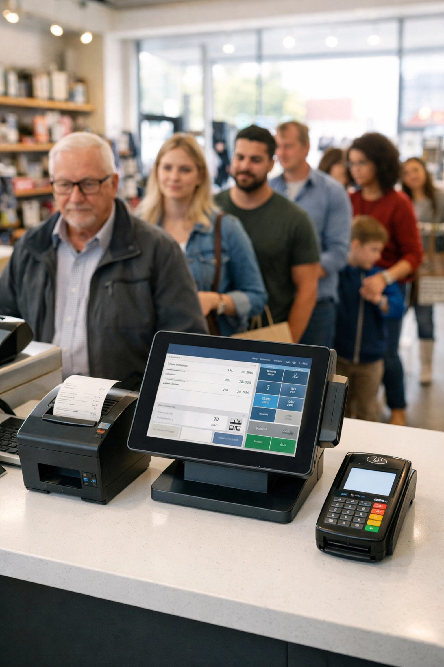 Retail shop POS terminal managing customer queue during busy hours with receipt printer