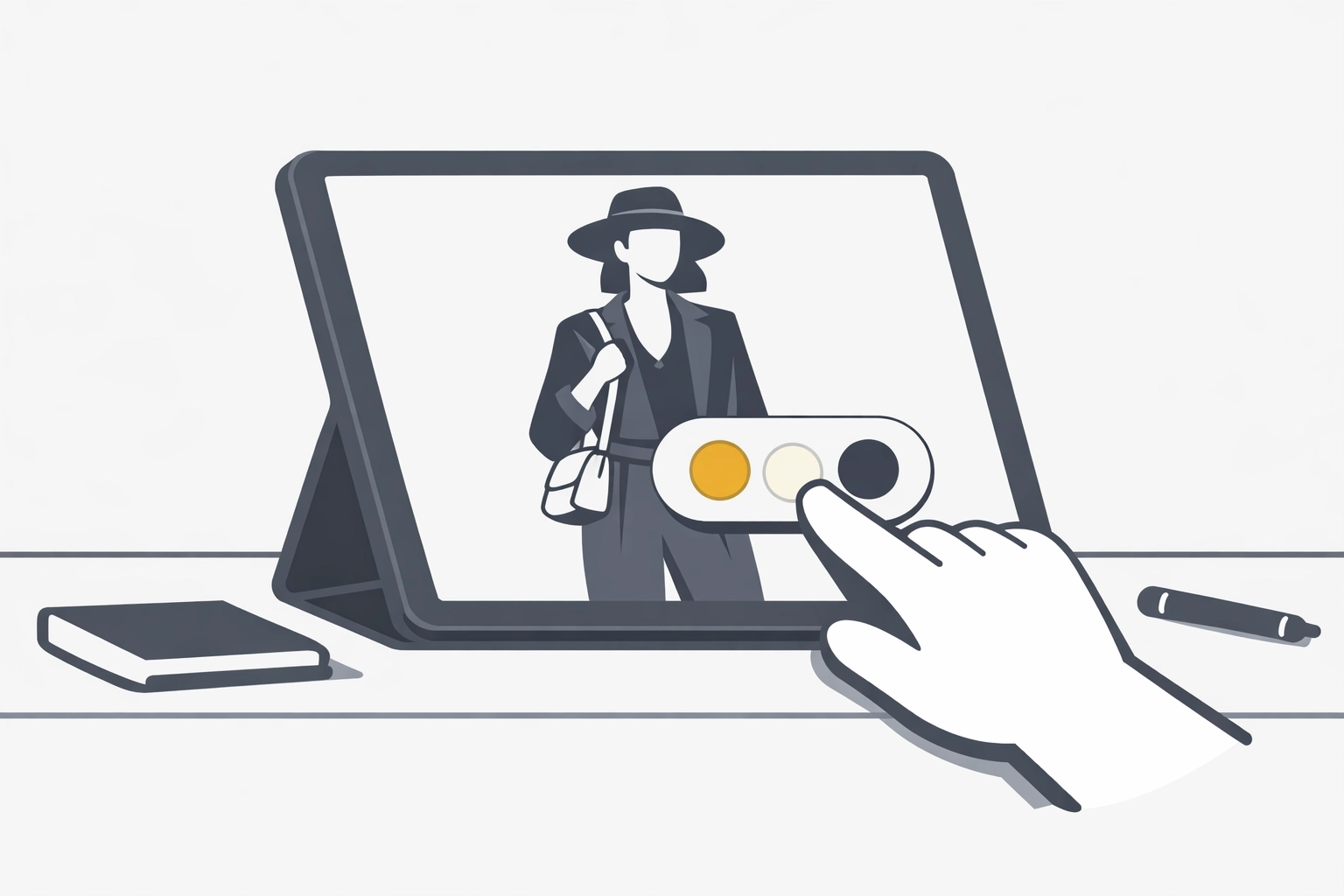 Interactive touch screen experience on a tablet showing color swatches for a fashion product demonstration.