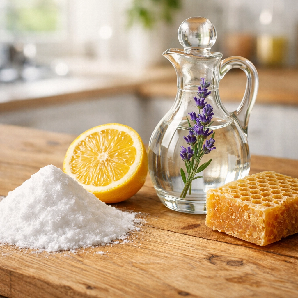 Raw natural cleaning ingredients including baking soda, lemon, and vinegar on a wooden surface.
