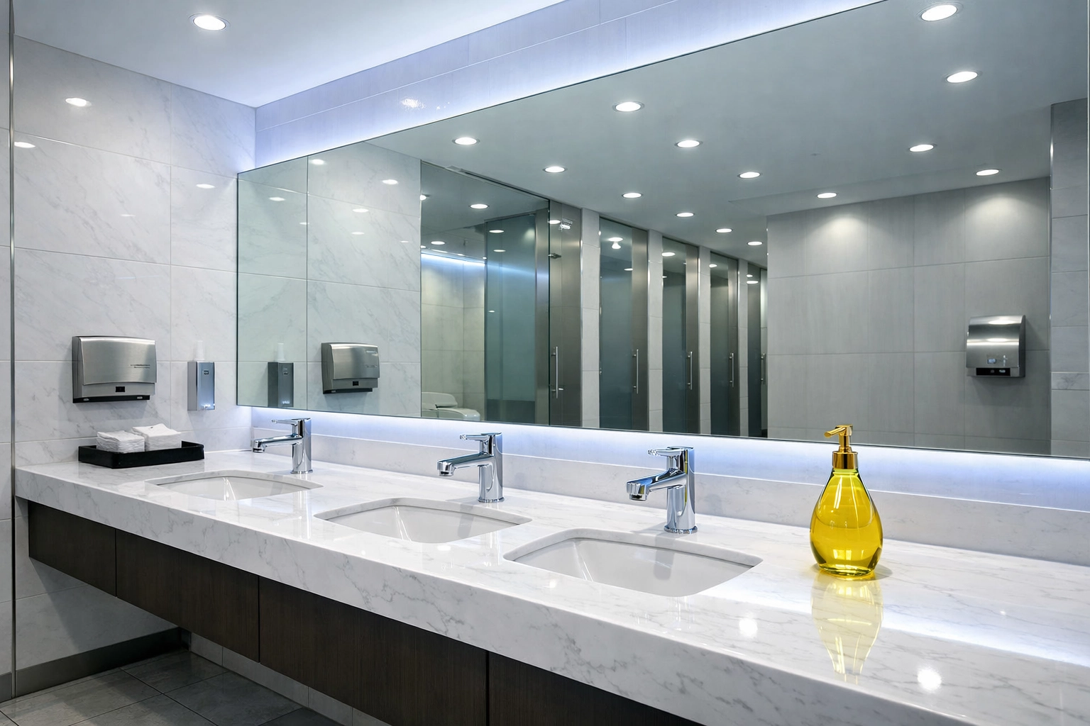 Spotless Winchester office restroom featuring sanitized marble counters and professional cleaning.