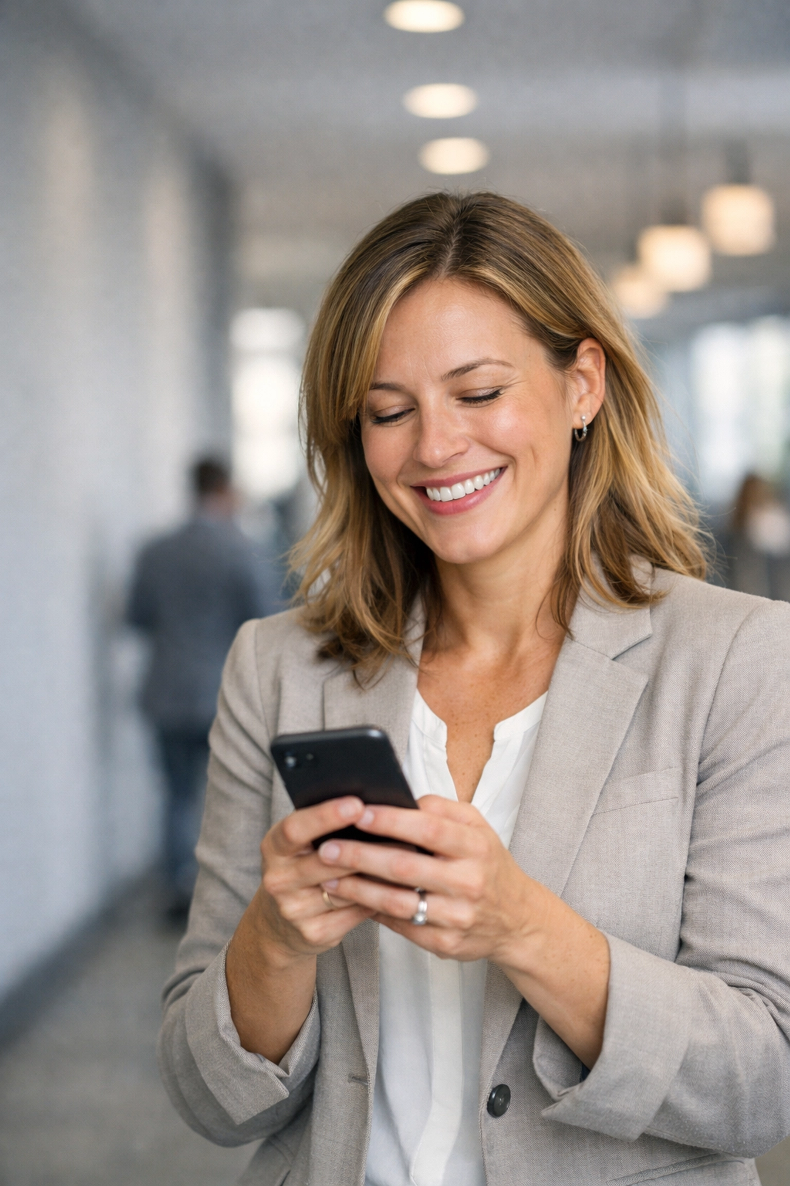 Relieved woman in Canada checking her phone for a payday loan online Alberta update.