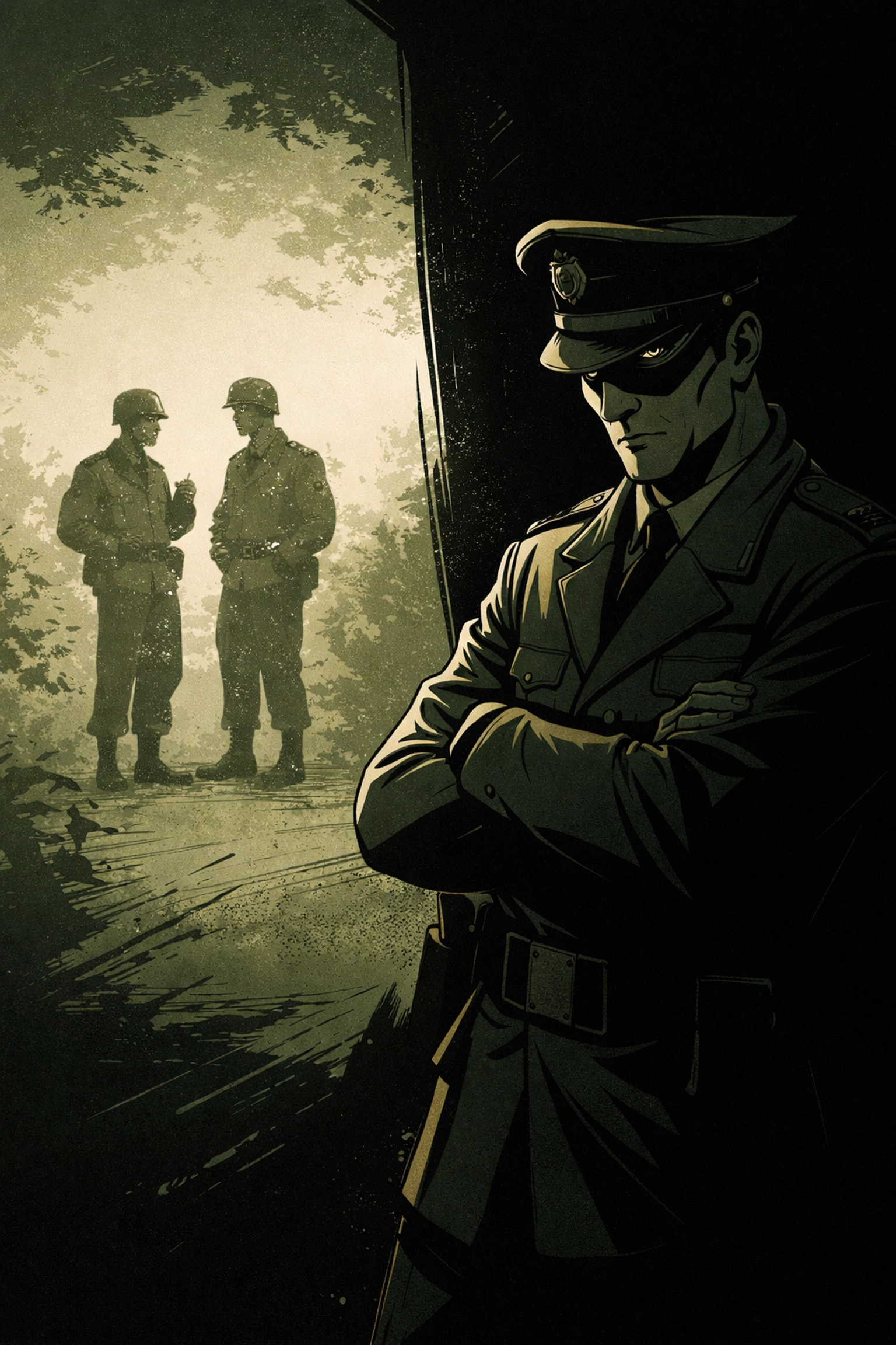 A shadowed military colonel watches two oblivious male soldiers in the background, symbolizing blackmail and threat within a gay military romance.