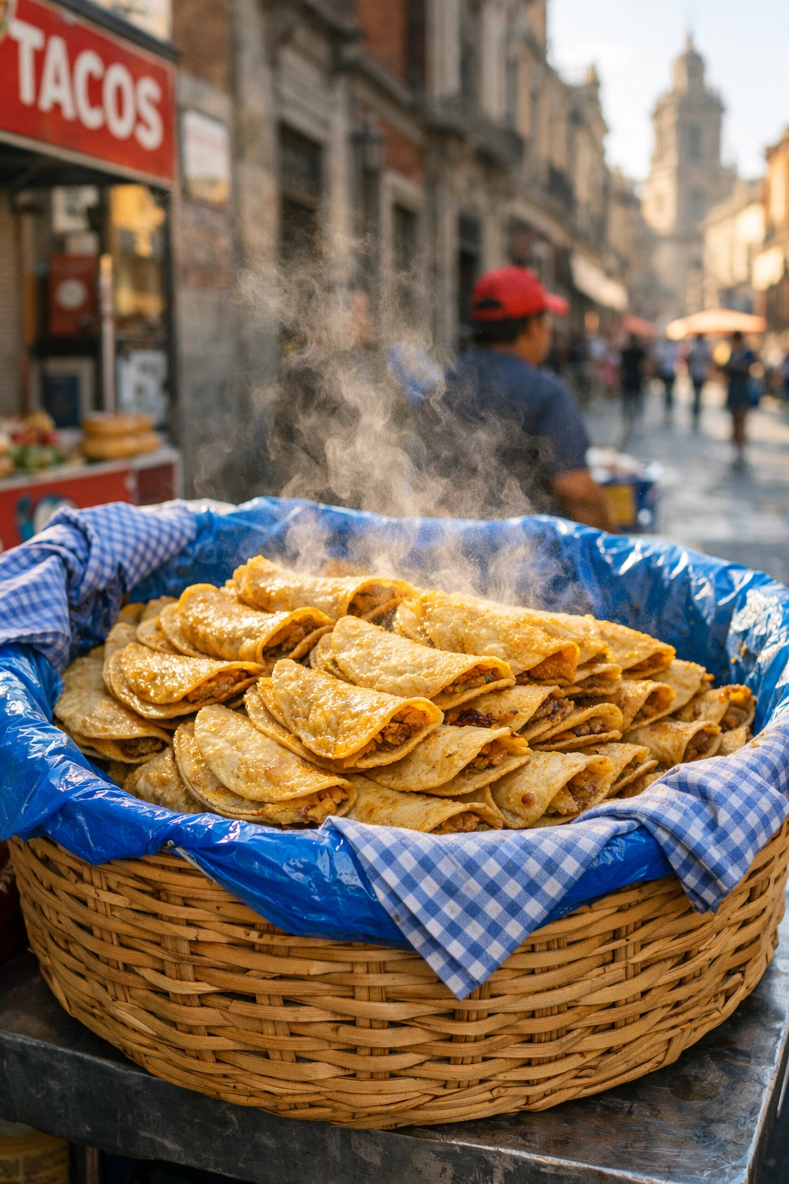 Steaming tacos de canasta in a basket, a top budget travel food choice in Mexico City.