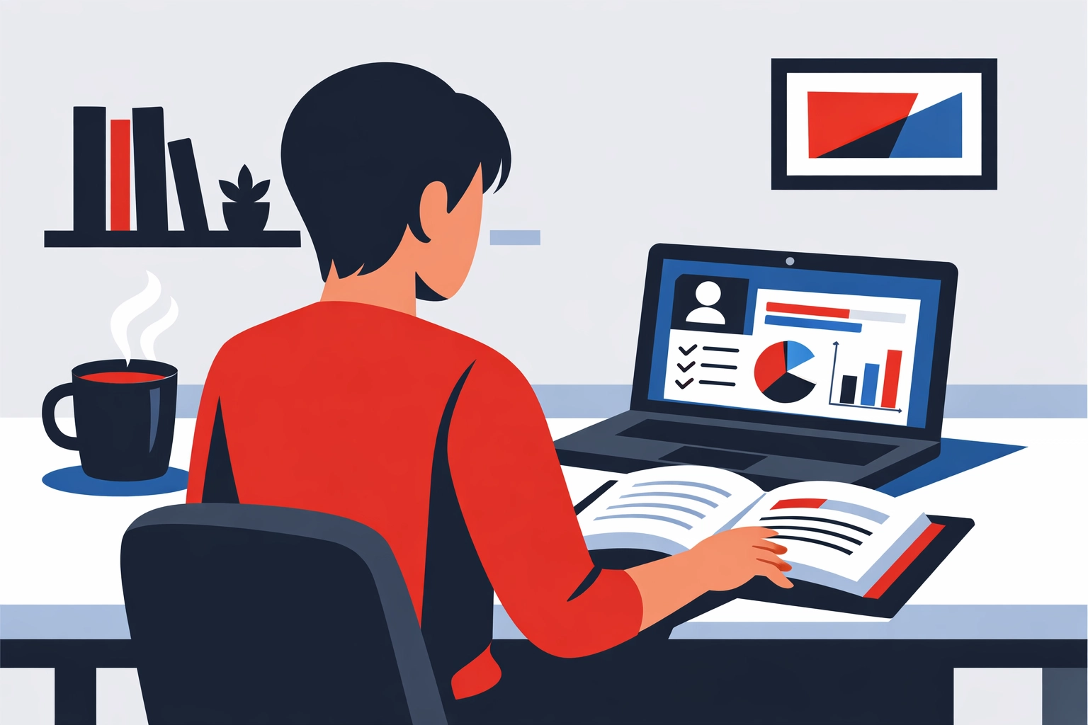 Professional studying Transport Manager CPC course at home with textbooks and laptop