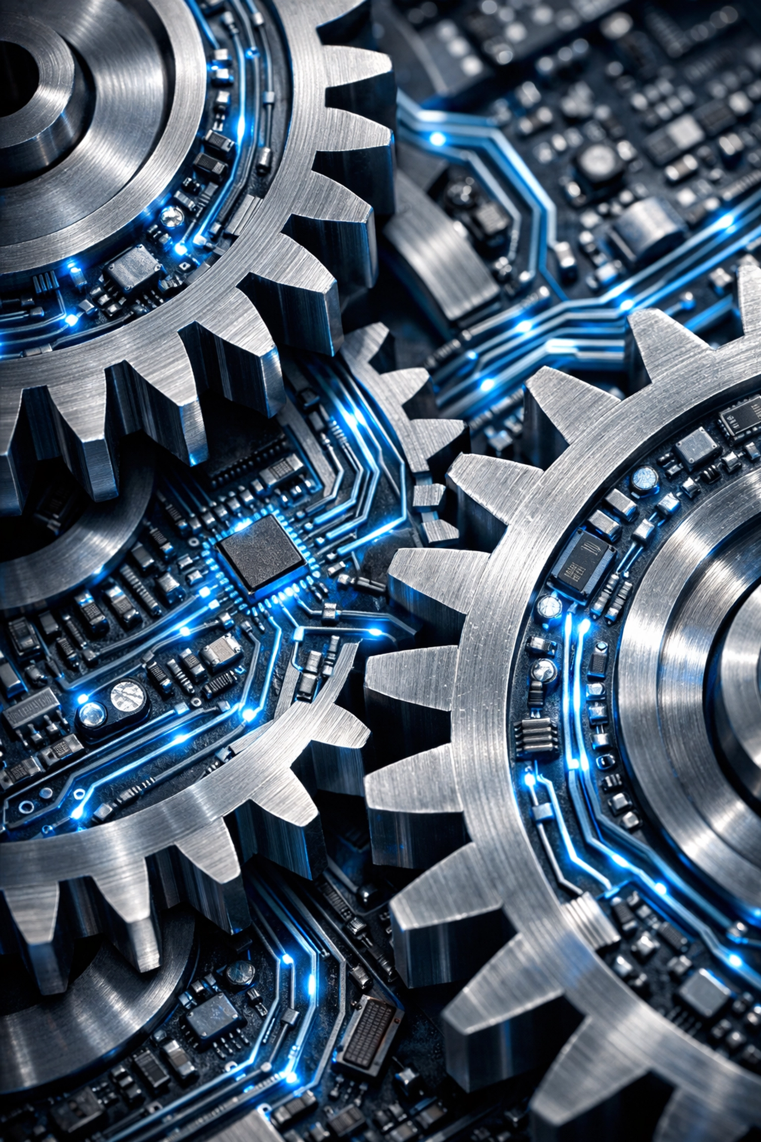 Mechanical gears merged with AI circuits showing deep organizational integration