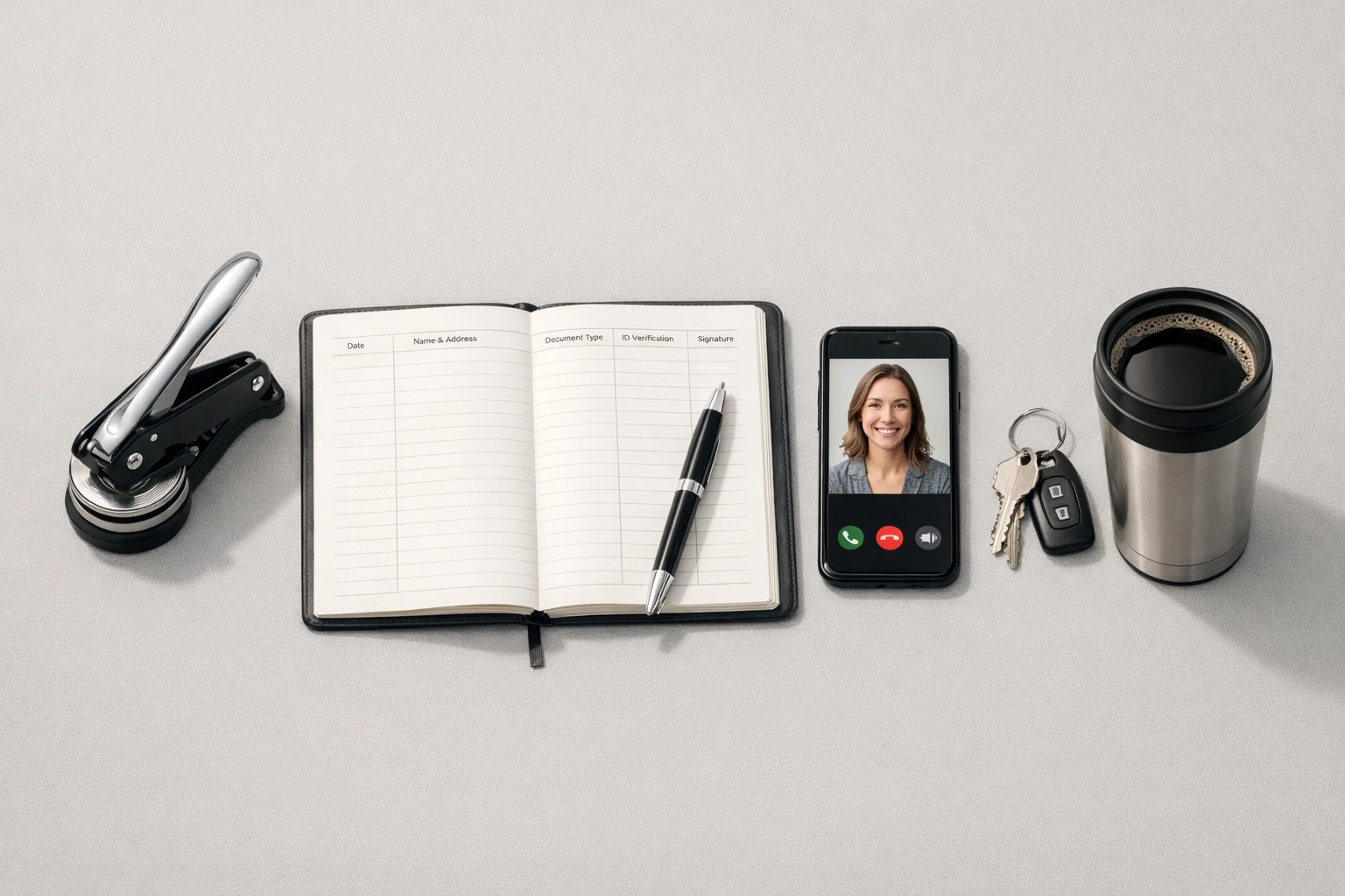 Essential notary tools including seal, journal, and phone for remote online notarization