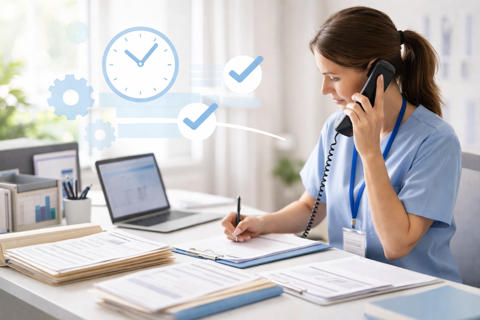 VA discharge planner at workstation processing veteran eligibility checks and referrals quickly