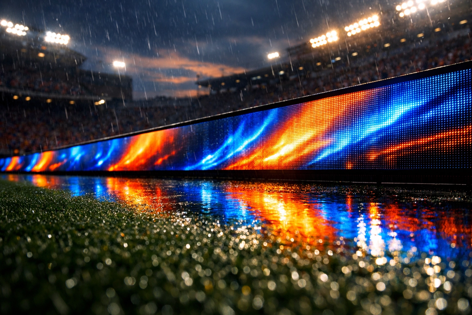 Programmatic stadium perimeter boards displaying contextual real-time ads in a sports arena.