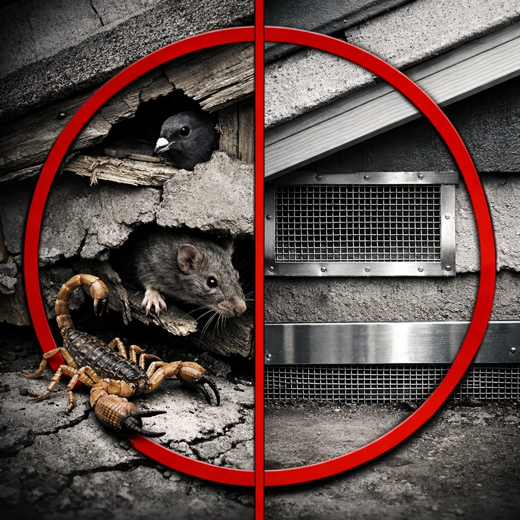 Before and after comparison of pest entry points sealed with professional exclusion barriers