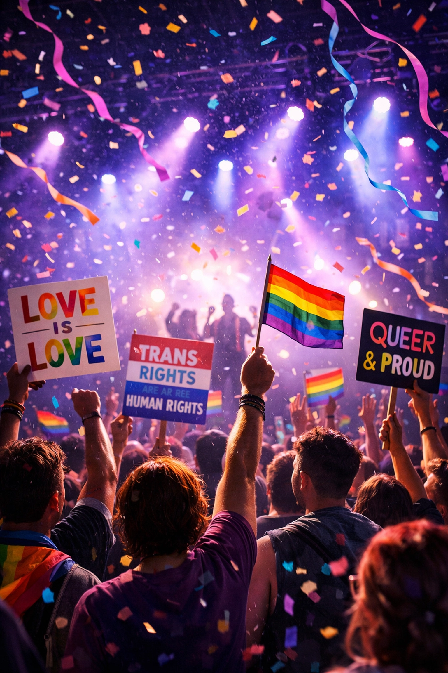 LGBTQ+ activists rally with rainbow flags celebrating marriage equality and queer rights