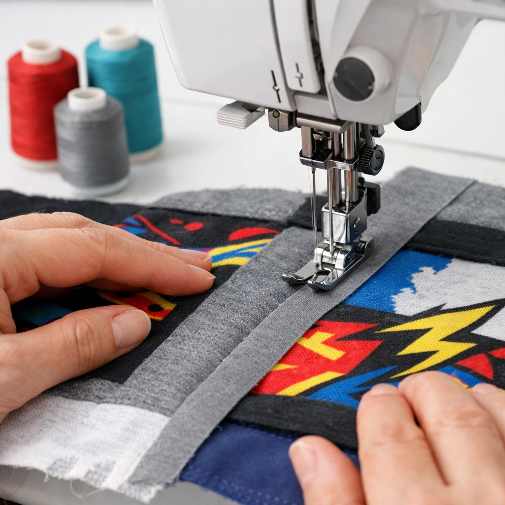 Sewing t-shirt quilt blocks together on sewing machine with gray sashing strips and thread