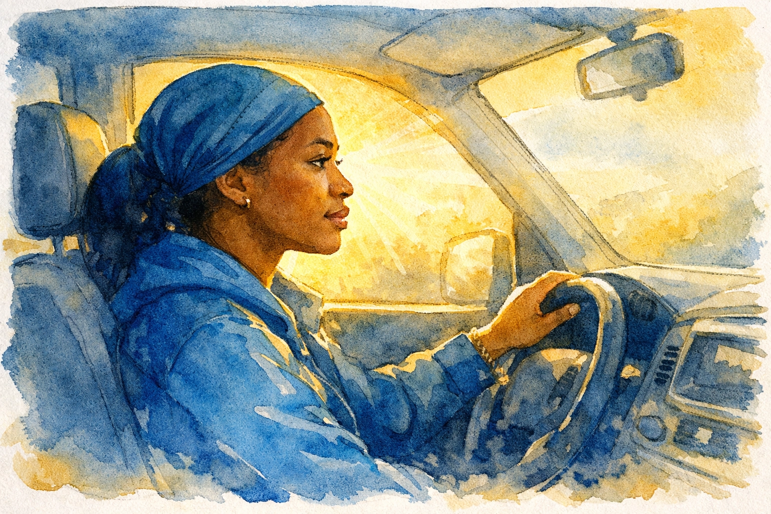 Driver experiencing calm and peace during morning commute with spiritual devotional