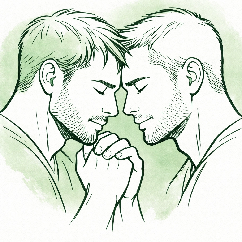 Male couple in an emotional embrace of prayer, highlighting the sacred bonds of LGBTQ+ fiction.