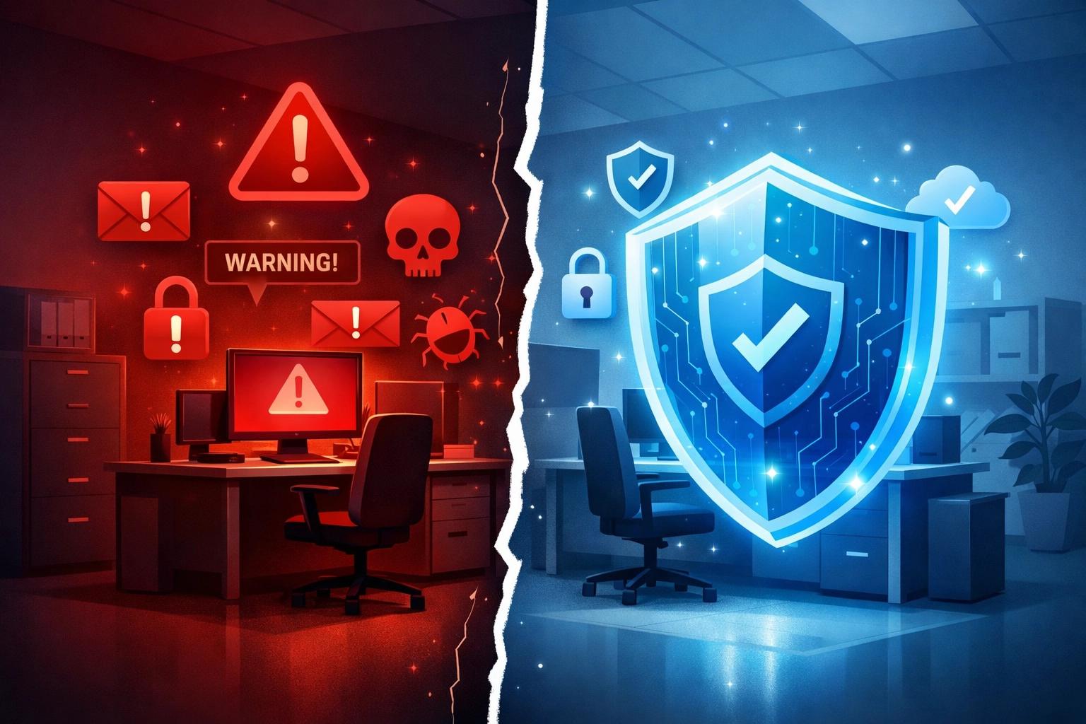 Small business office protected by cyber insurance coverage with security shield and threat alerts