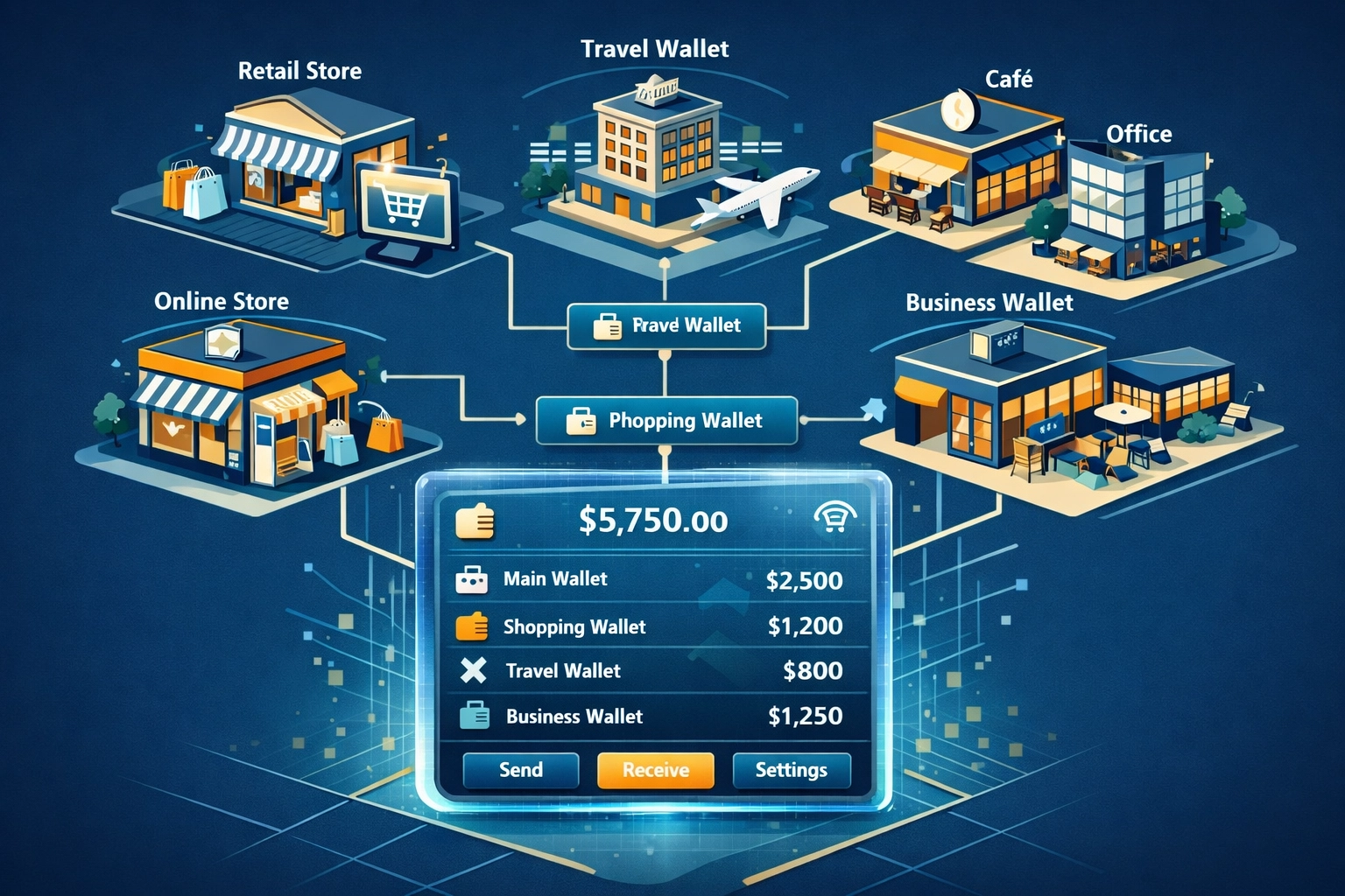Master wallet system with sub-wallets managing payments across multiple business locations