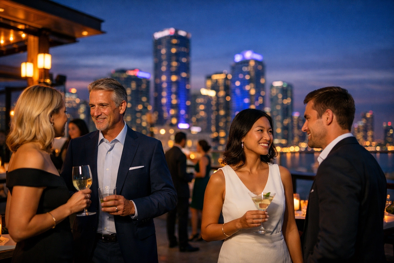 Professional corporate event photographer capturing a luxury rooftop networking mixer in Brickell, Miami.