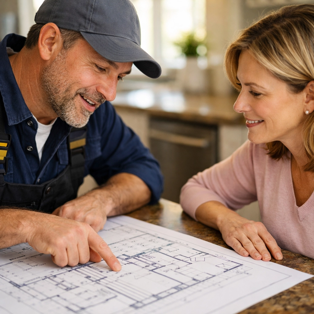 Remodeling contractor consulting with Orlando homeowner over renovation blueprints