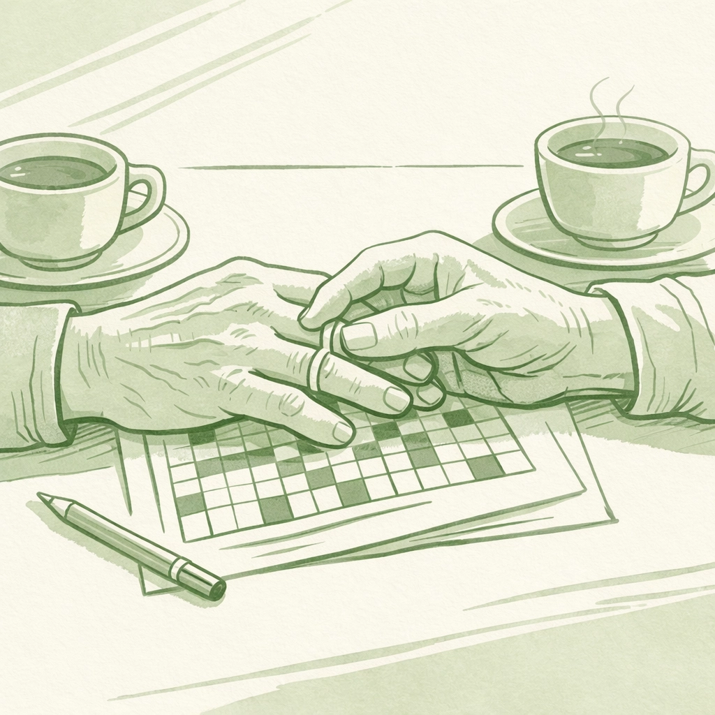 Elderly men's hands intertwined over crossword puzzle depicting late-life coming out journey
