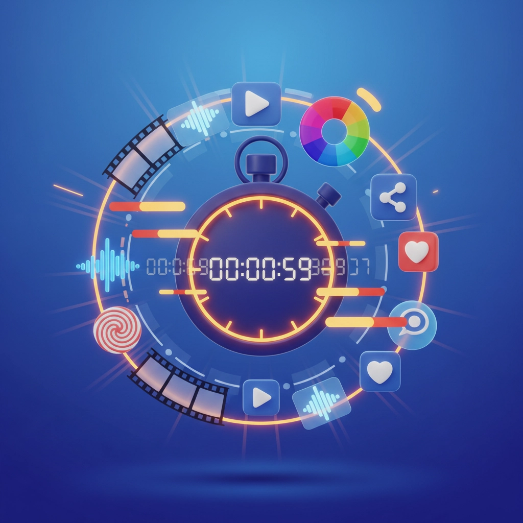 A vibrant digital illustration of a stopwatch surrounded by multimedia icons, including play buttons, film reels, and social media symbols, representing the dynamic intersection of technology and media in time management.


