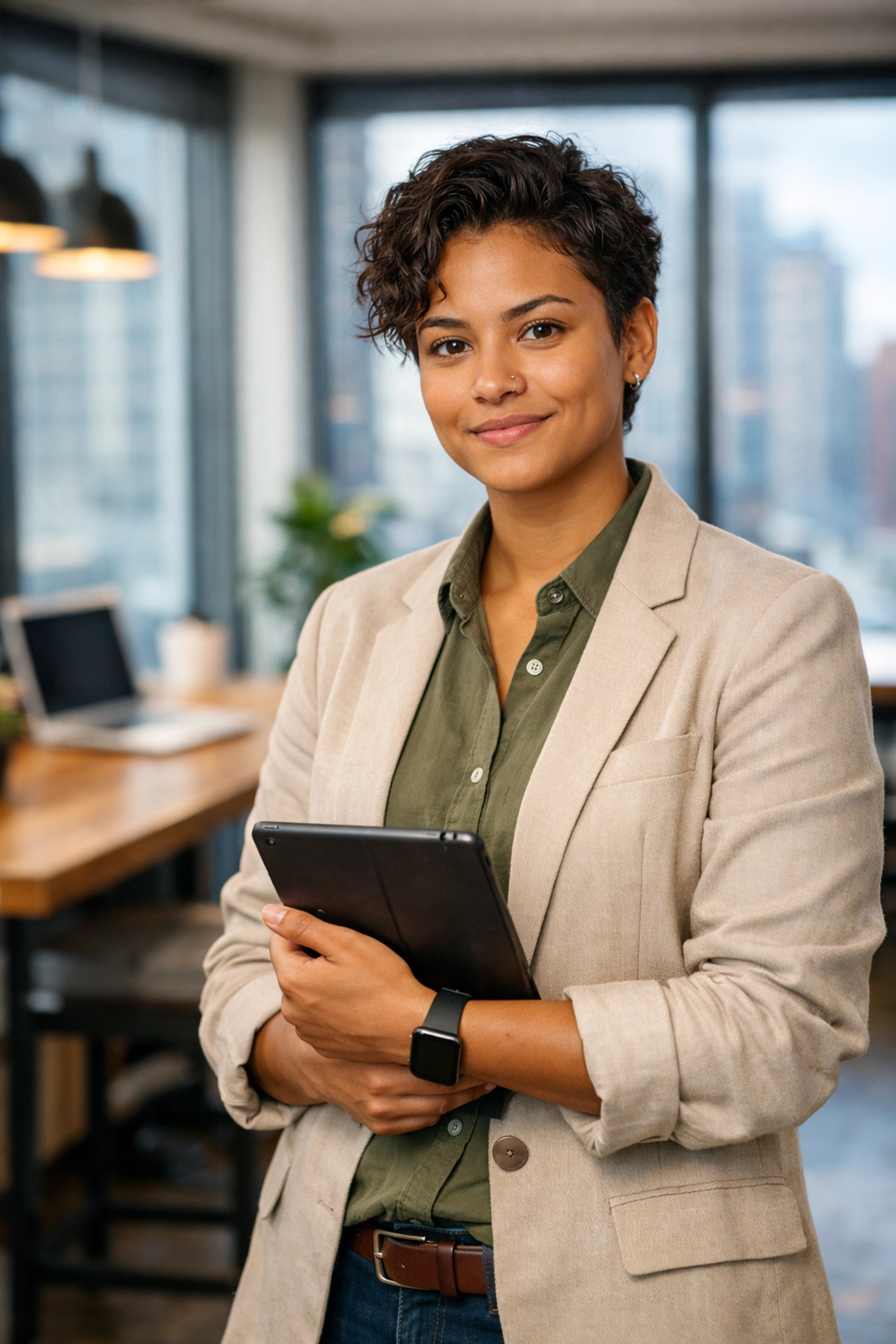 Business professional using tablet to research secure fintech apps in modern office