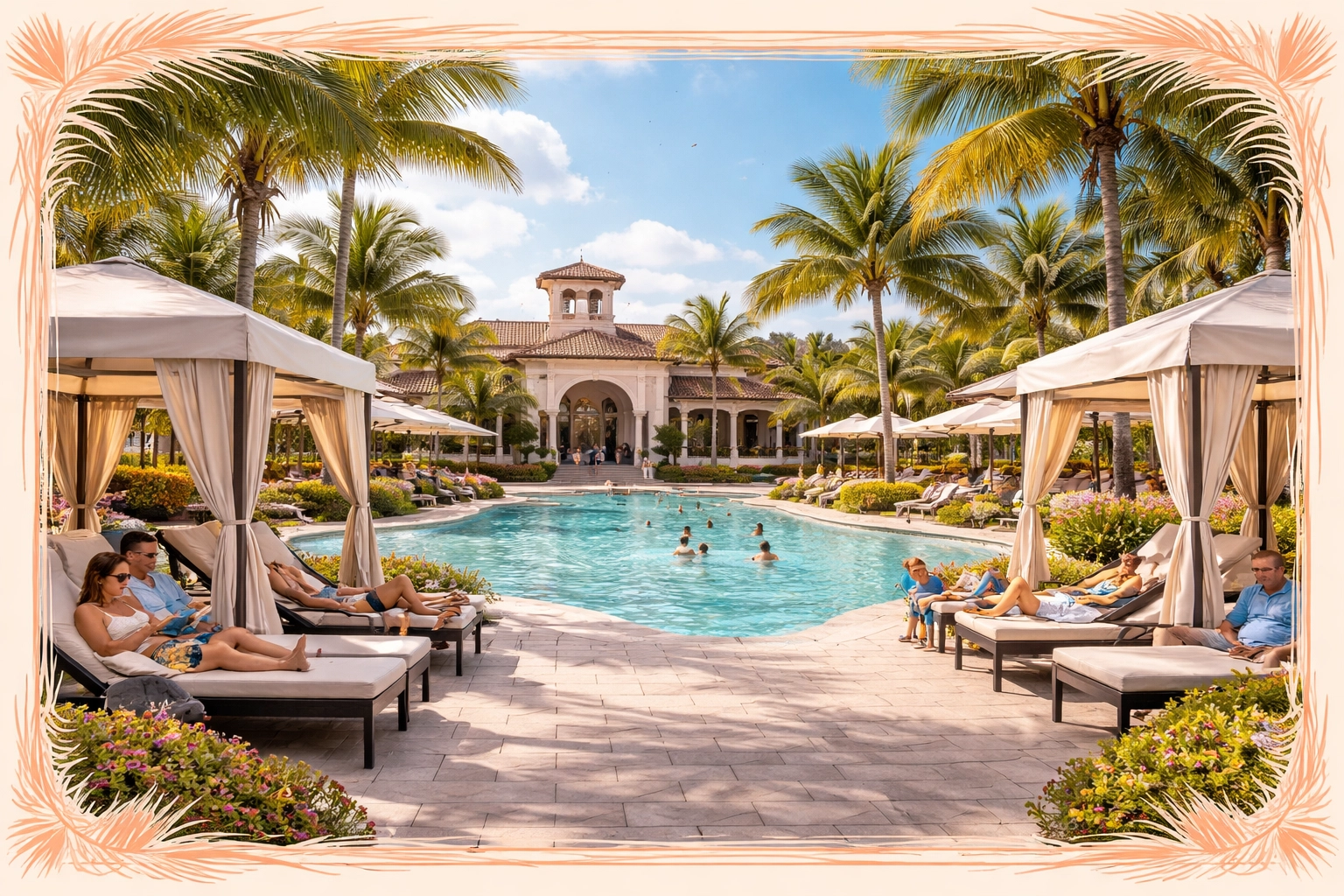 Resort-style pool and clubhouse in Weston, families relaxing by turquoise water and palm trees: showcasing upscale Florida lifestyle.