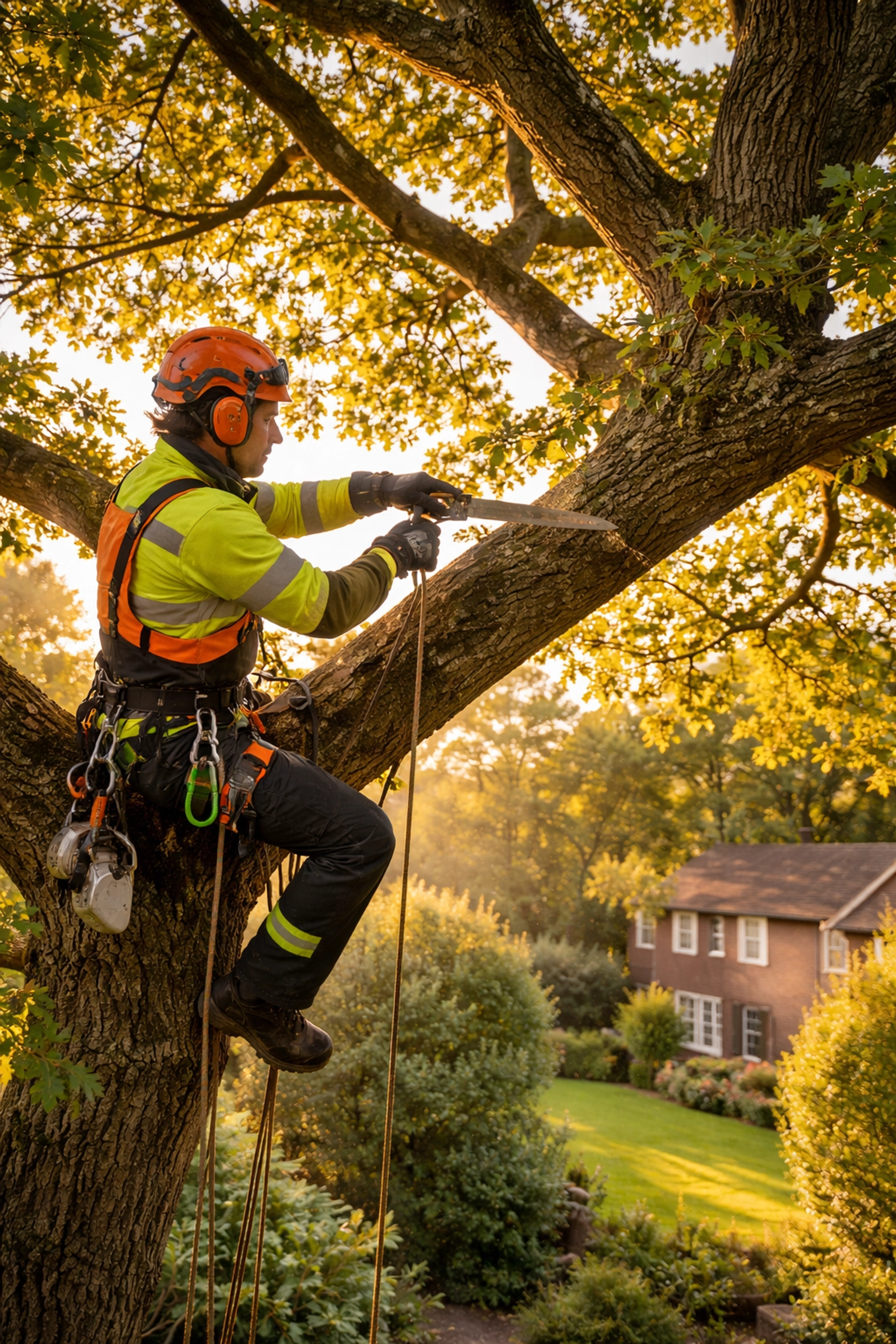 Arborist performing crown reduction on an oak tree in a British garden using proper safety equipment