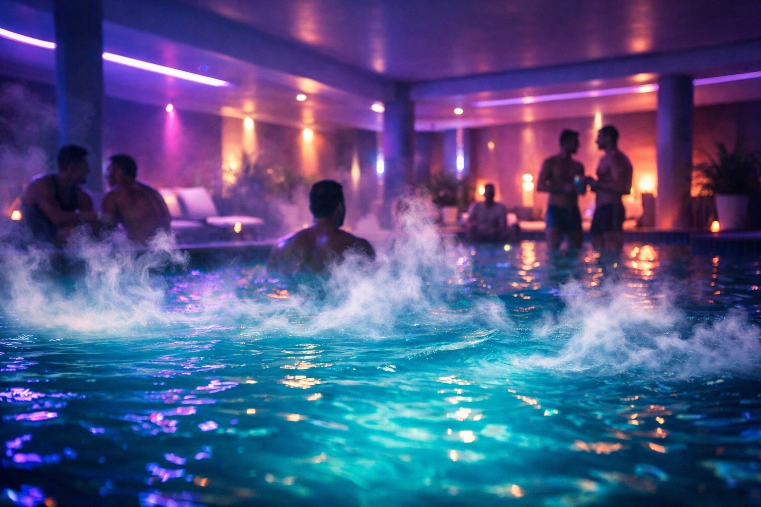 Luxurious gay sauna pool area with steam and neon lighting, a social space for queer relaxation and cruising.