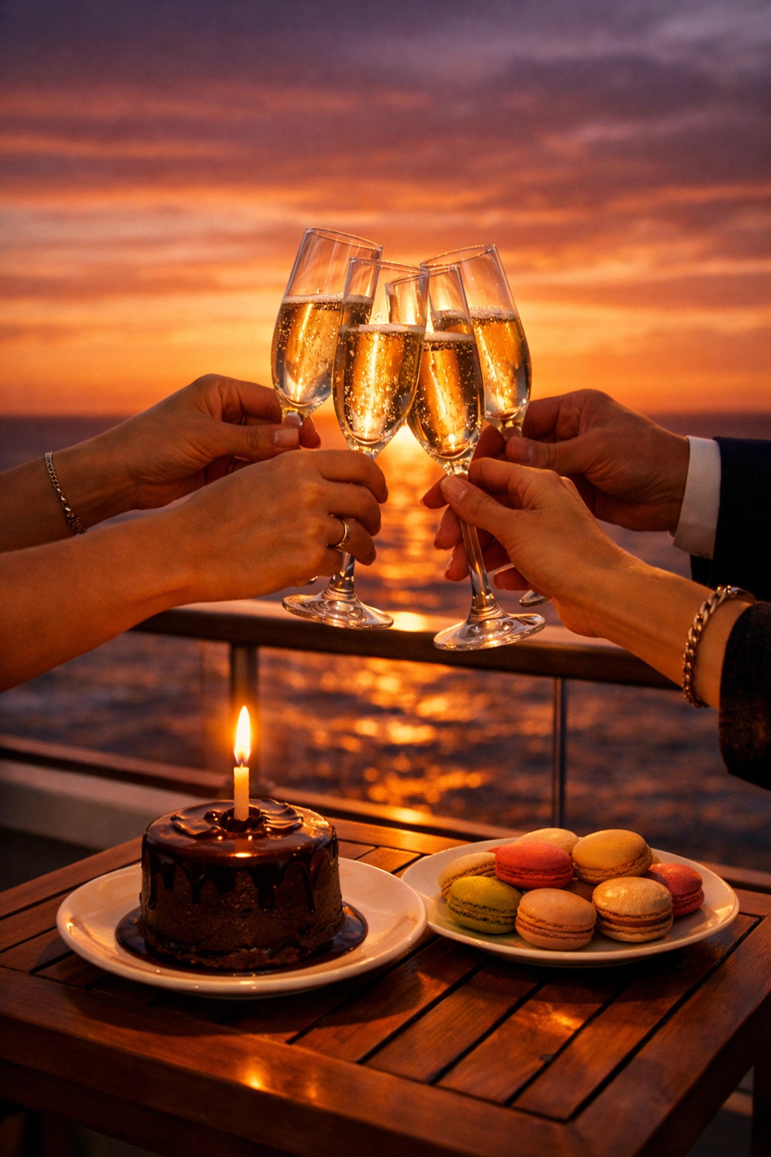Celebrating with a sunset champagne toast and birthday cake on a private ship balcony using group cruise deals.