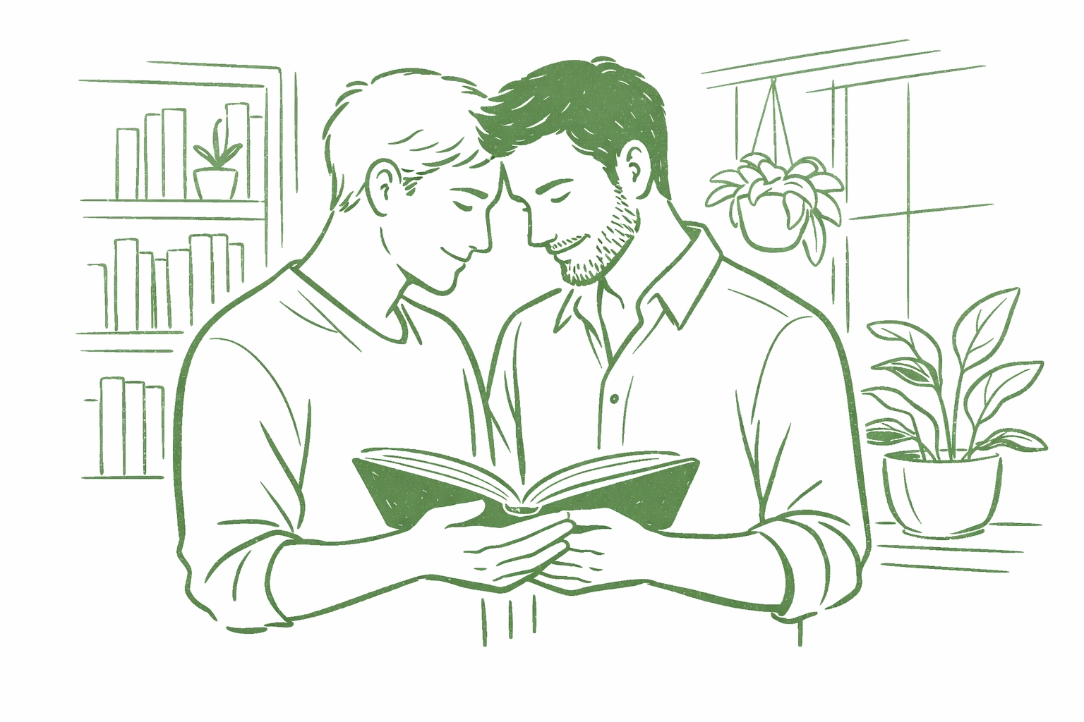 Two men reading together in a study, reflecting the emotional power of MM romance books and gay literature.