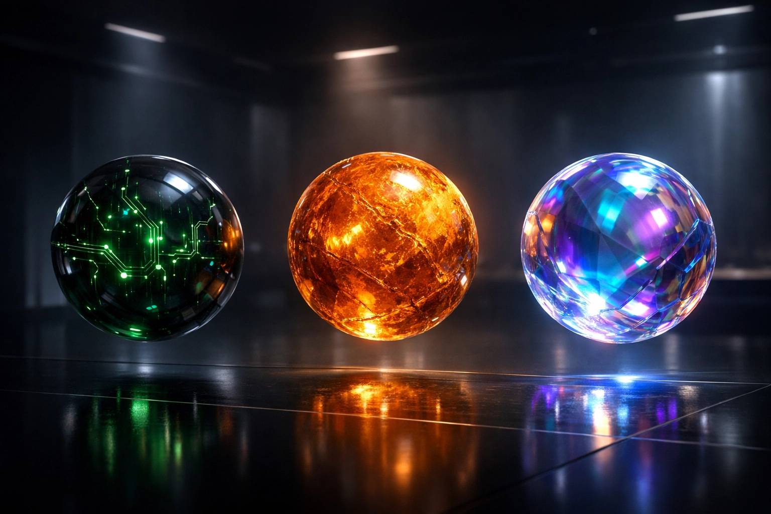 Three glowing spheres representing the different writing styles of ChatGPT, Claude, and Gemini AI assistants.
