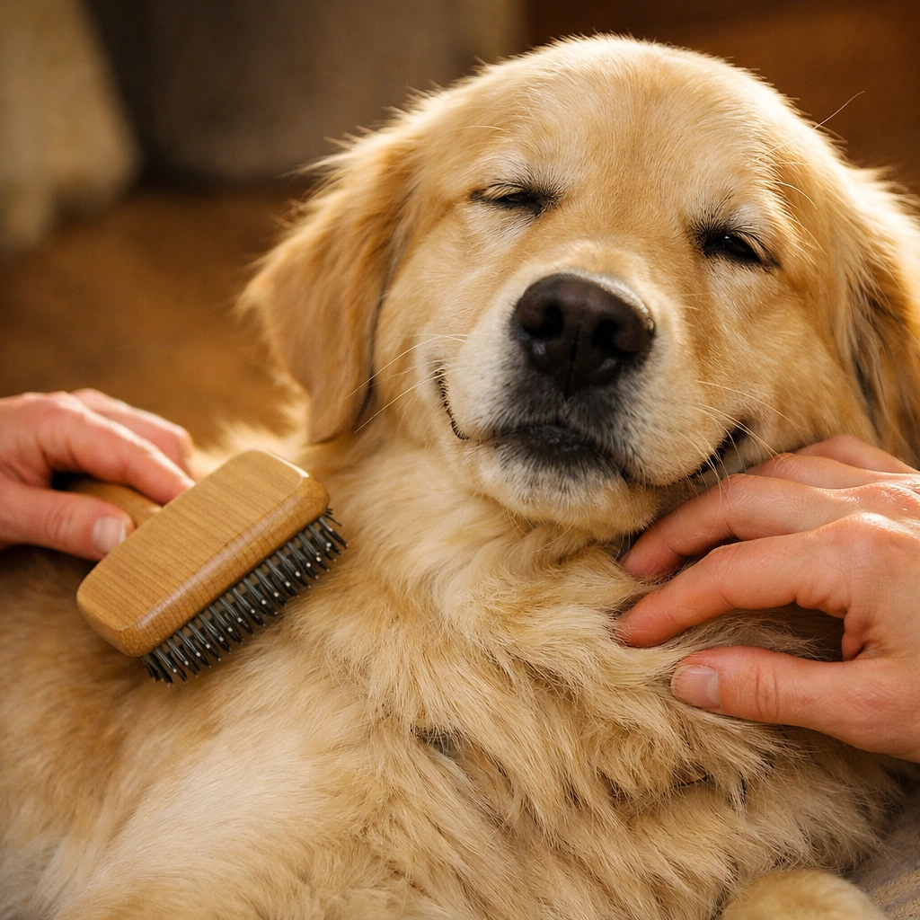 Dog receiving gentle grooming care during natural wellness routine