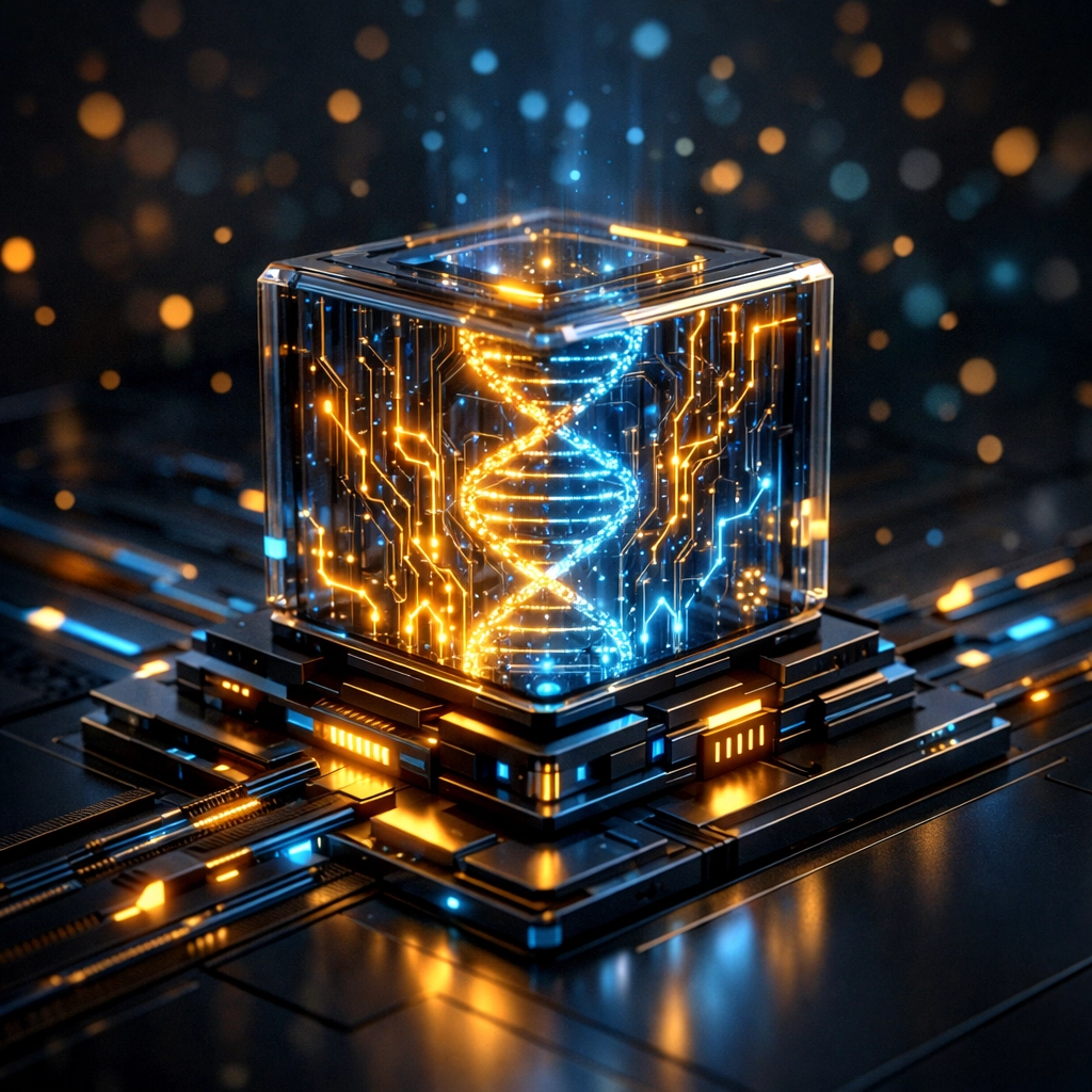 A glowing digital processor core representing a custom AI persona for automated social media content creation.