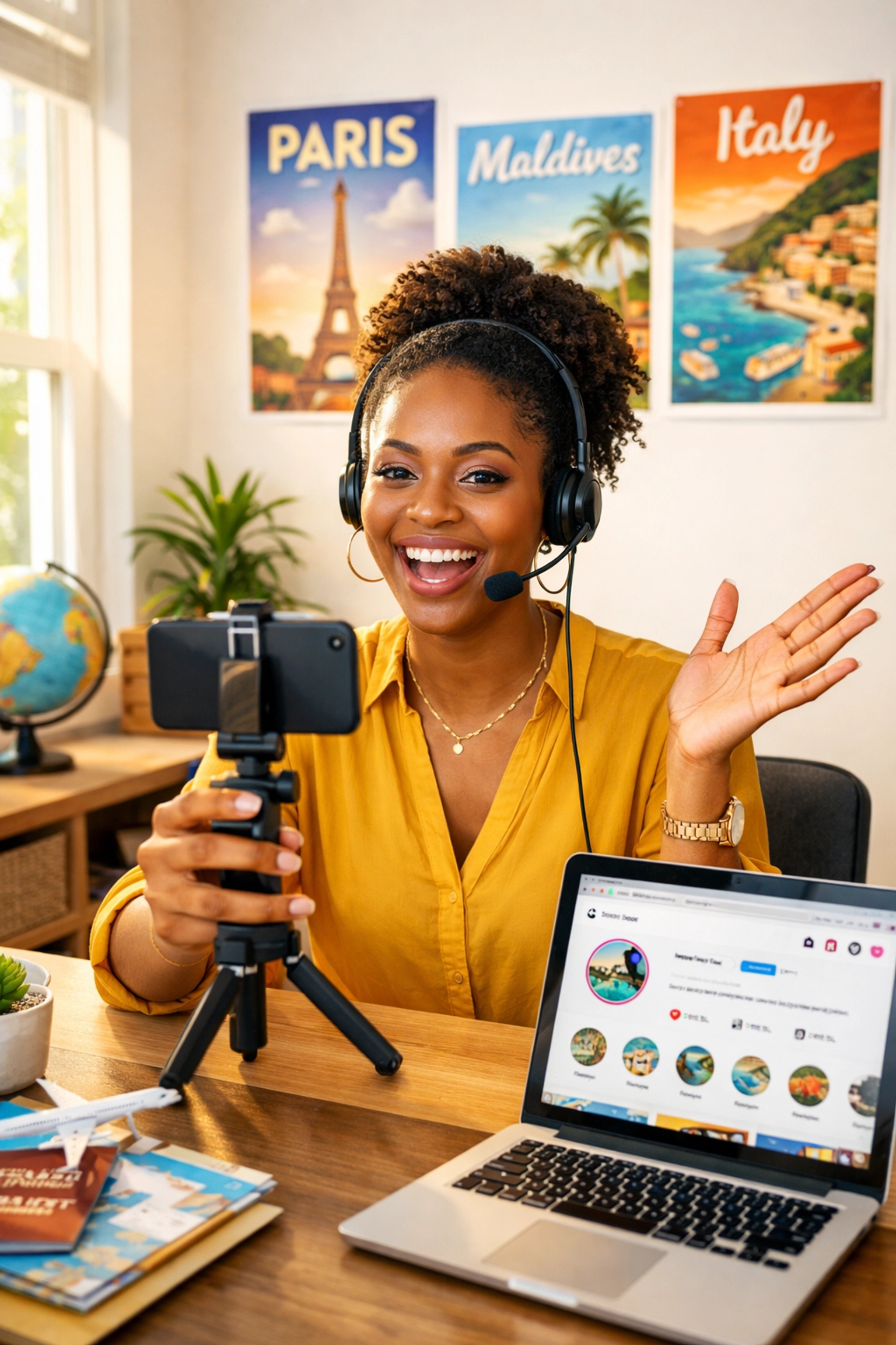 Travel agent recording Instagram Reels video at desk for social media marketing strategy