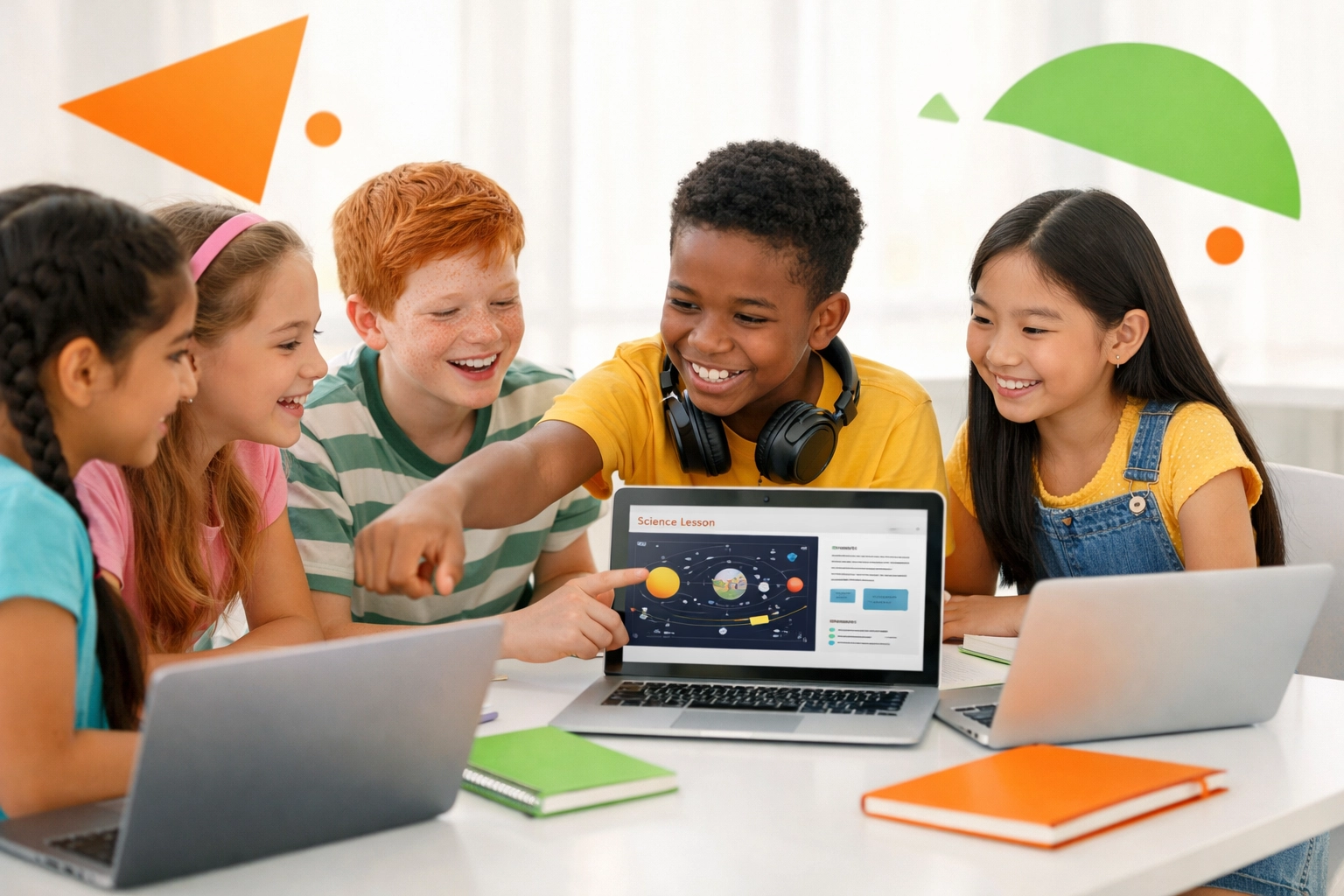 Diverse children learning life skills together with laptops and notebooks