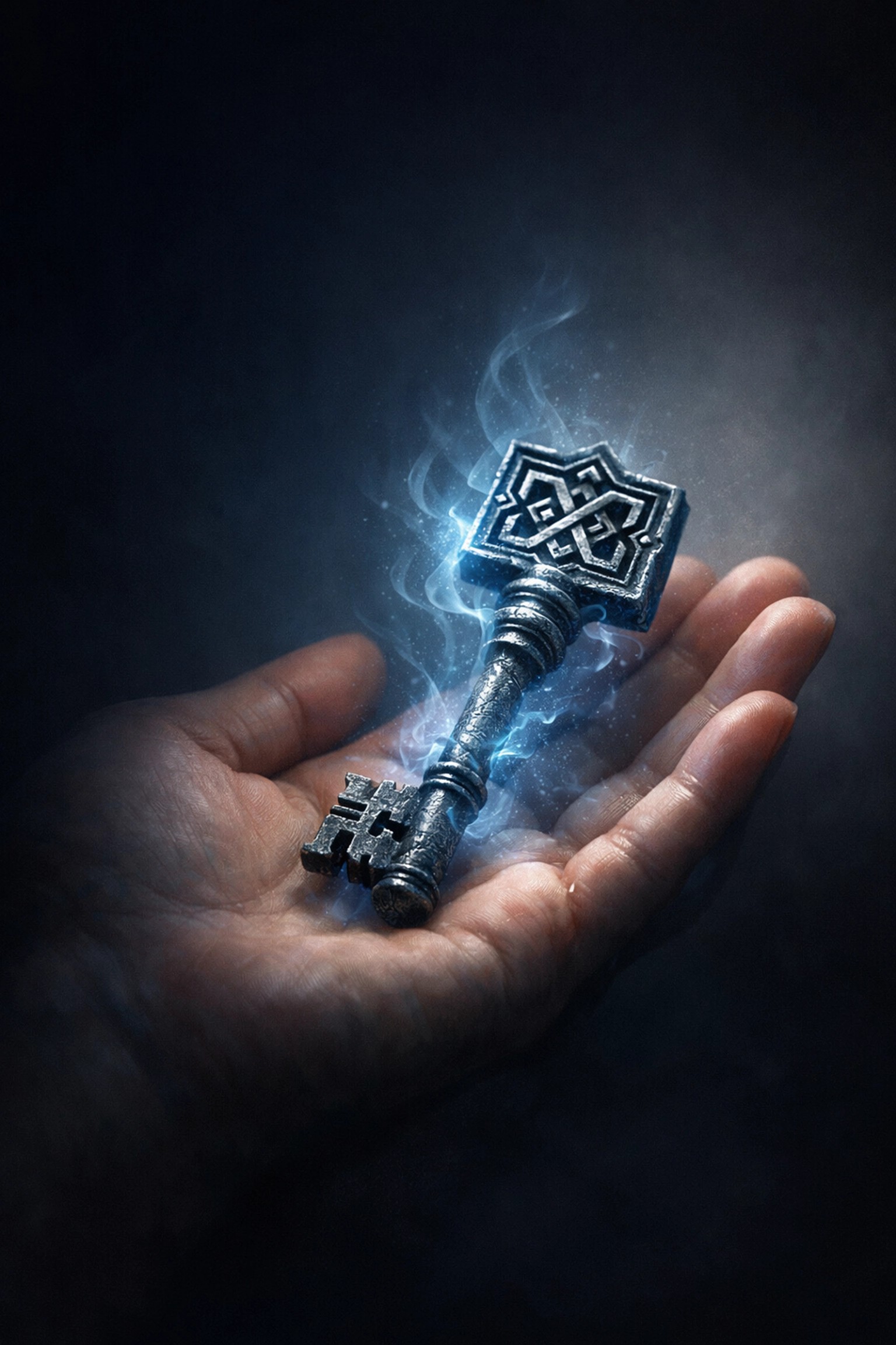 Ancient iron key glowing with mystical blue light in Marcus's palm
