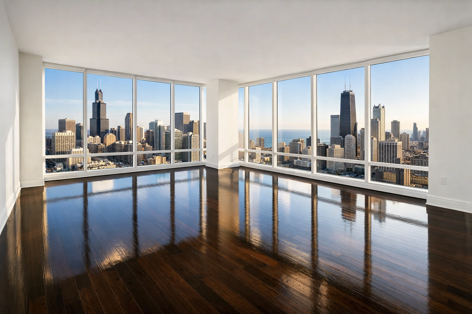 Pristine Chicago apartment interior with polished hardwood floors after professional move-out cleaning service.